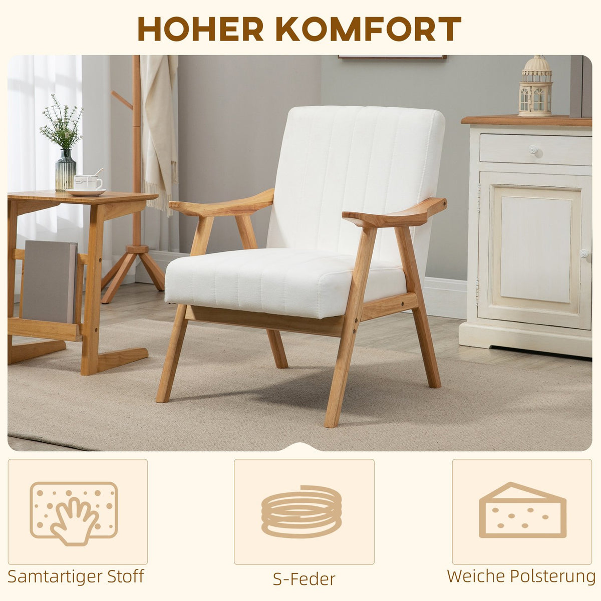 Upholstered Lounge Chair In Velvet Look With Armrests, Scandi Design, Cream, 68X74X82Cm