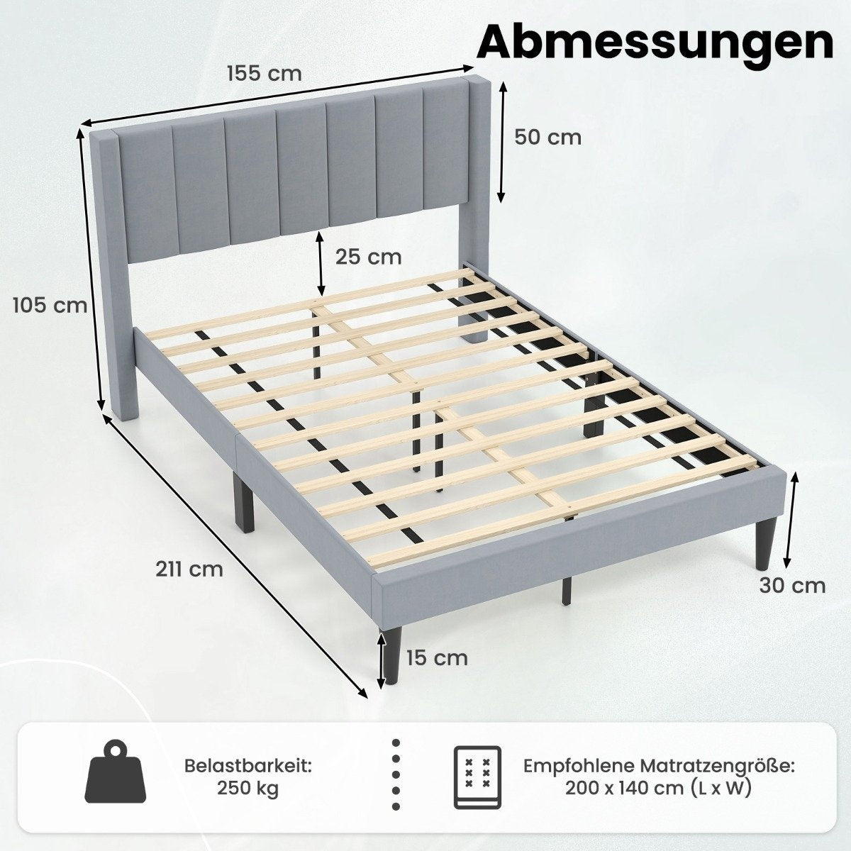 Upholstered Platform Bed Frame, 200x140 cm, Grey Velvet
