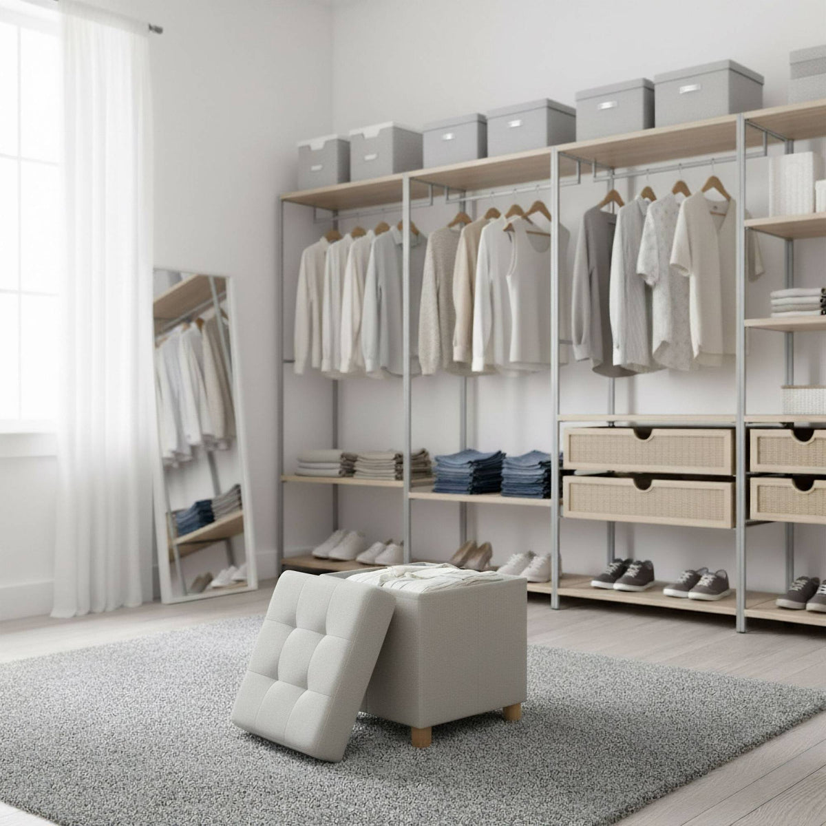 Upholstered Storage Cube with Padded Seat and Wooden Legs