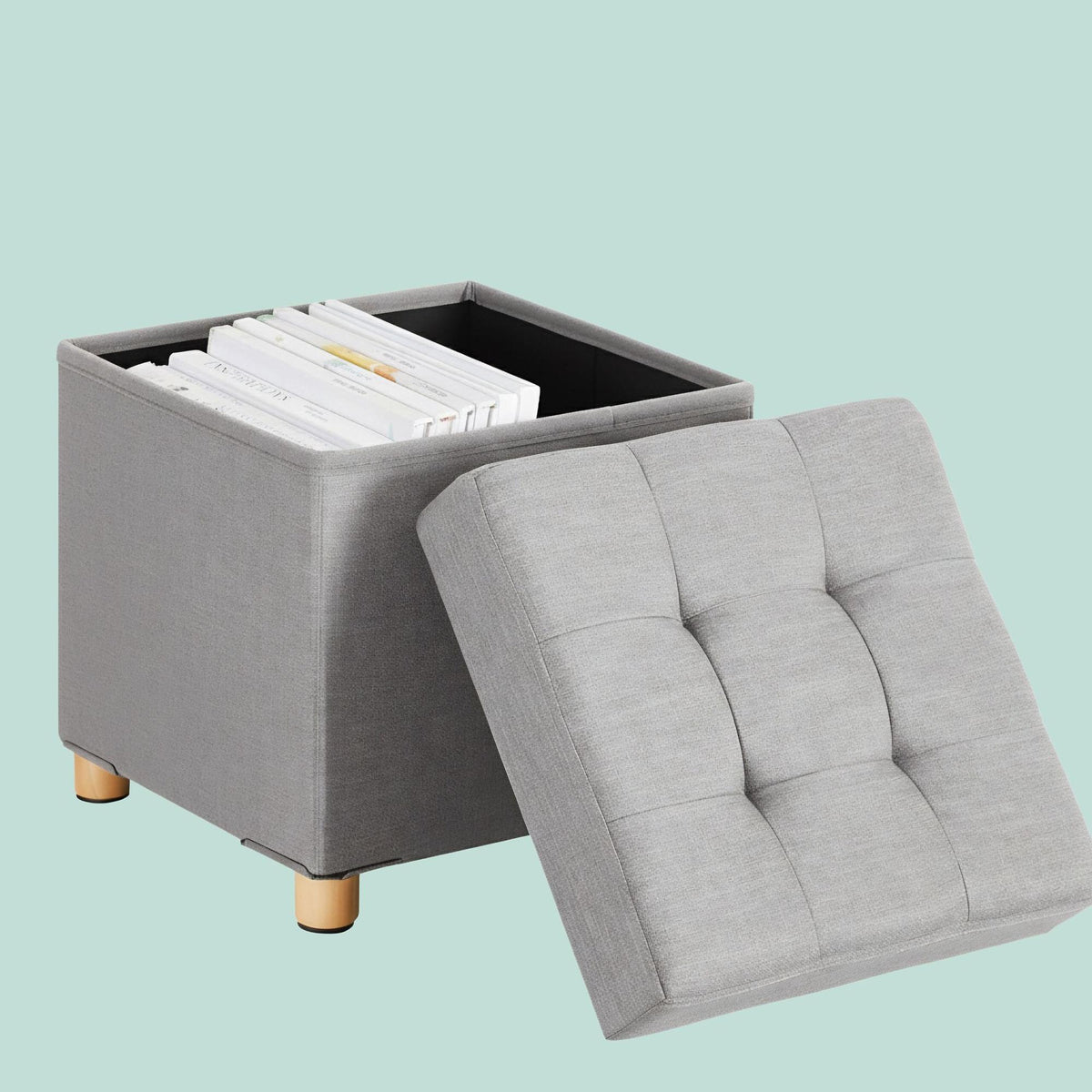 Upholstered Storage Cube with Padded Seat and Wooden Legs