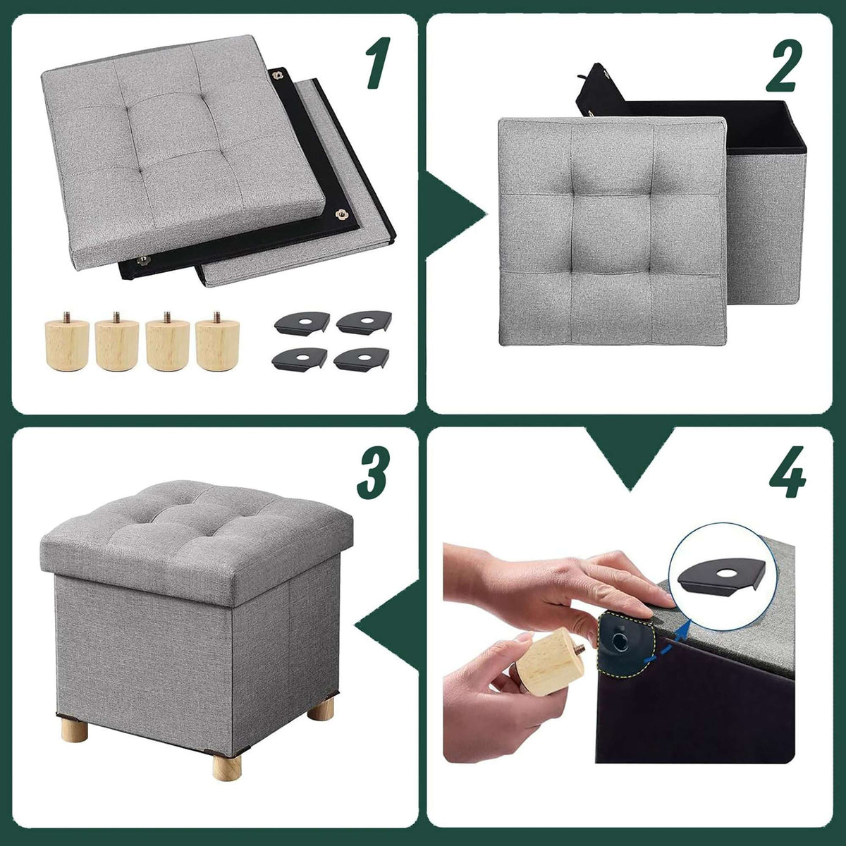 Upholstered Storage Cube with Padded Seat and Wooden Legs