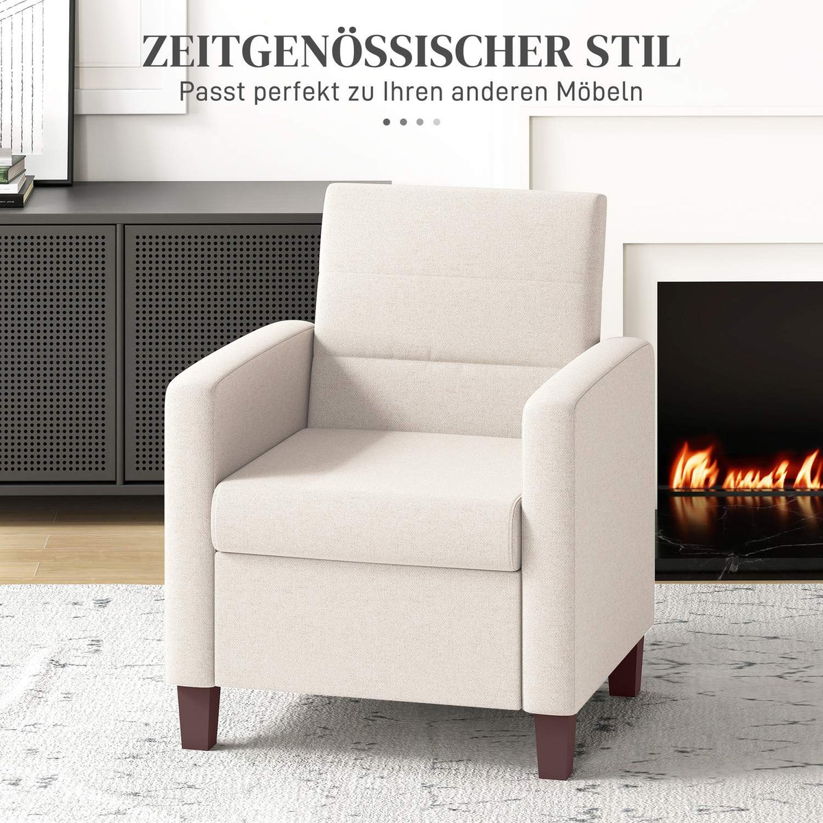 Upholstered armchair in linen look, foam, seat cushion, wooden frame, cream white