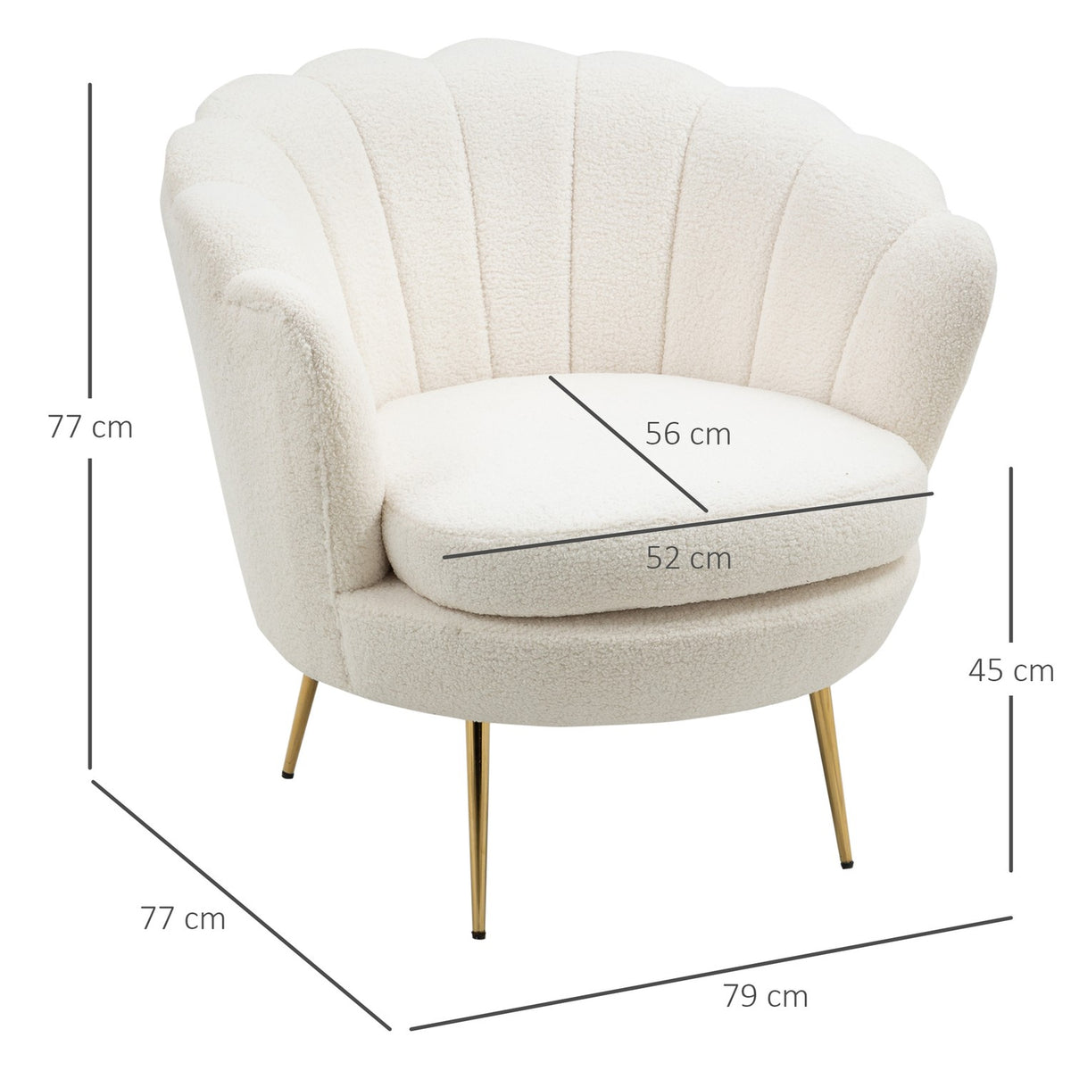 Upholstered armchair in shell shape, armchair, relaxation armchair with metal legs, dressing chair with fleece look, for bedroom, living room, white