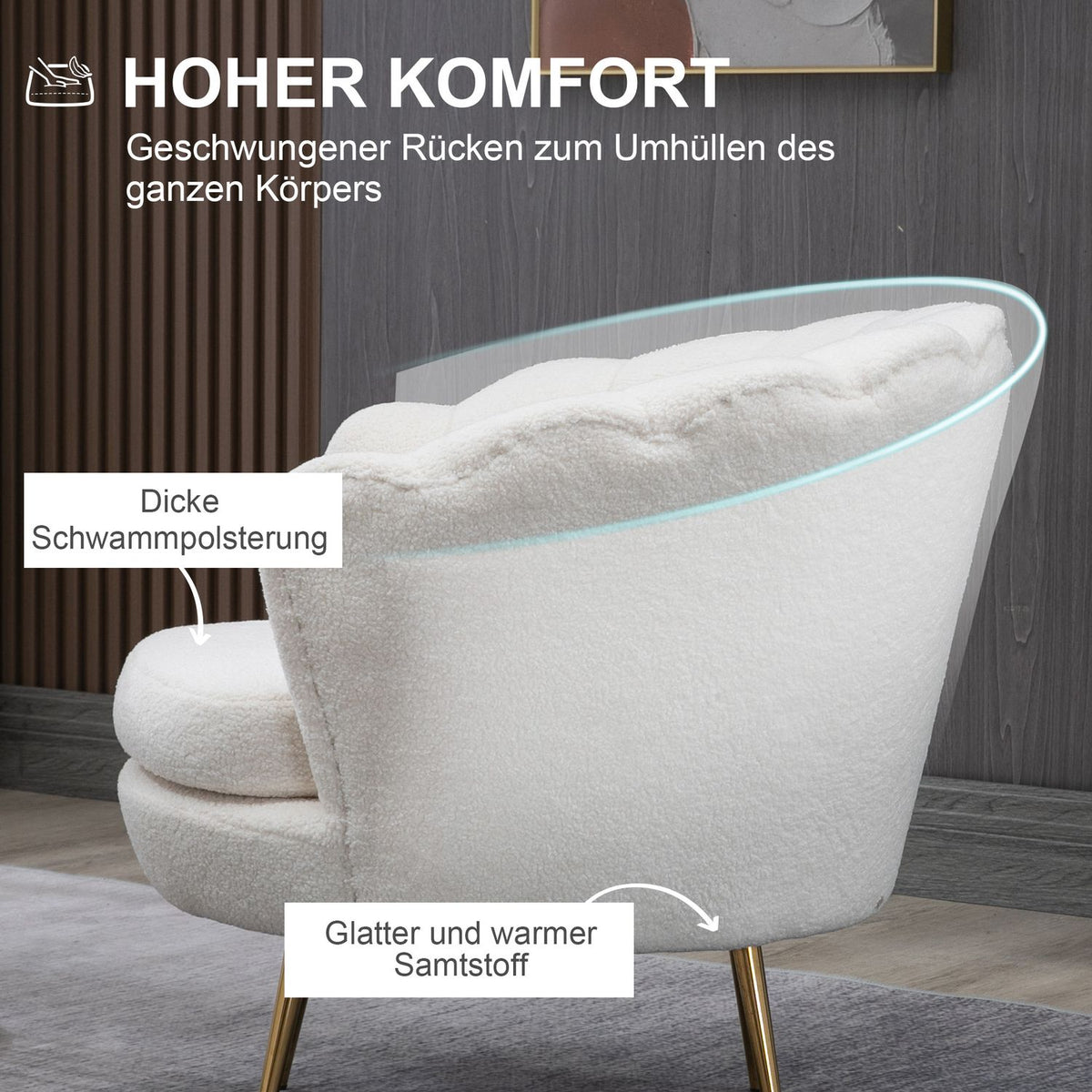 Upholstered armchair in shell shape, armchair, relaxation armchair with metal legs, dressing chair with fleece look, for bedroom, living room, white