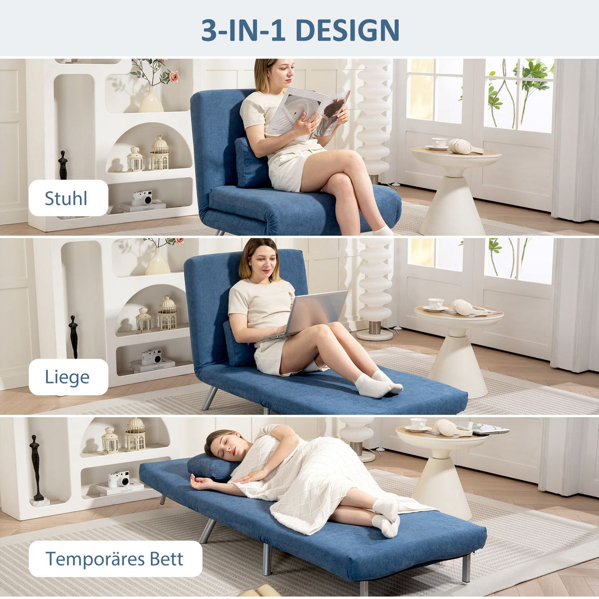 Upholstered armchair with bed function, 2-in-1 design, sleeper armchair, guest bed, fabric cover, with cushion, blue