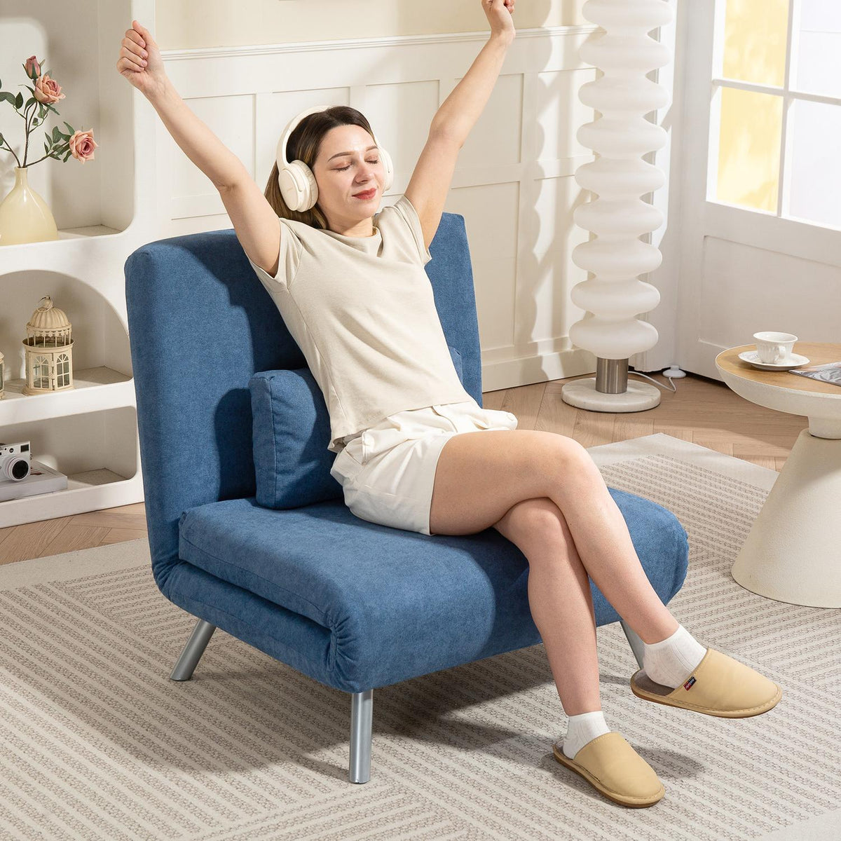 Upholstered armchair with bed function, 2-in-1 design, sleeper armchair, guest bed, fabric cover, with cushion, blue