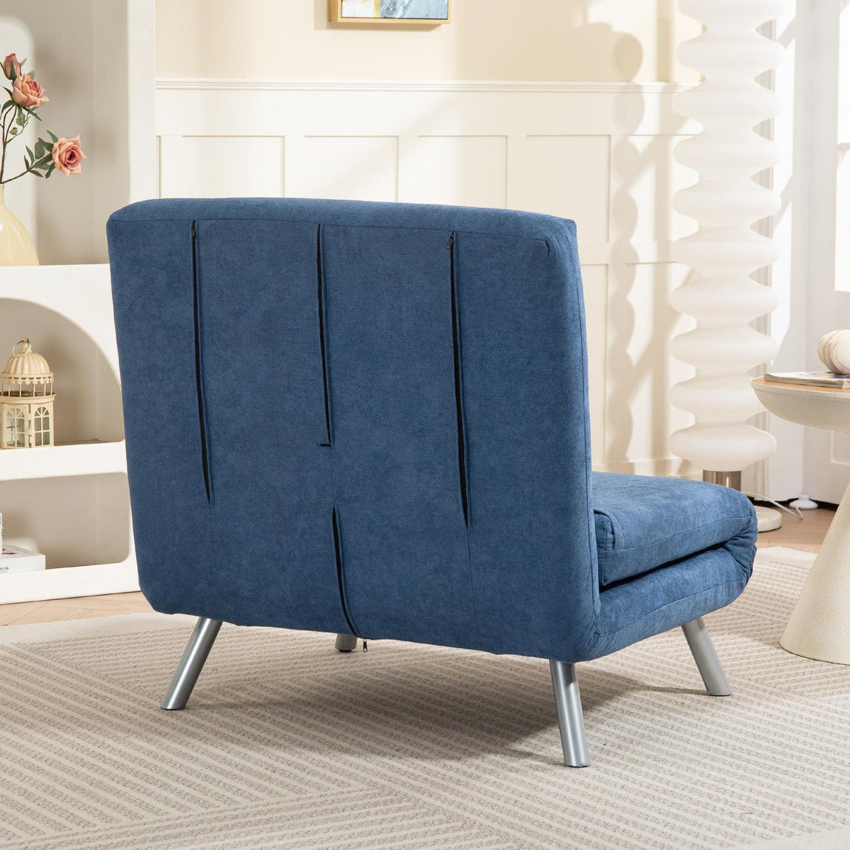 Upholstered armchair with bed function, 2-in-1 design, sleeper armchair, guest bed, fabric cover, with cushion, blue