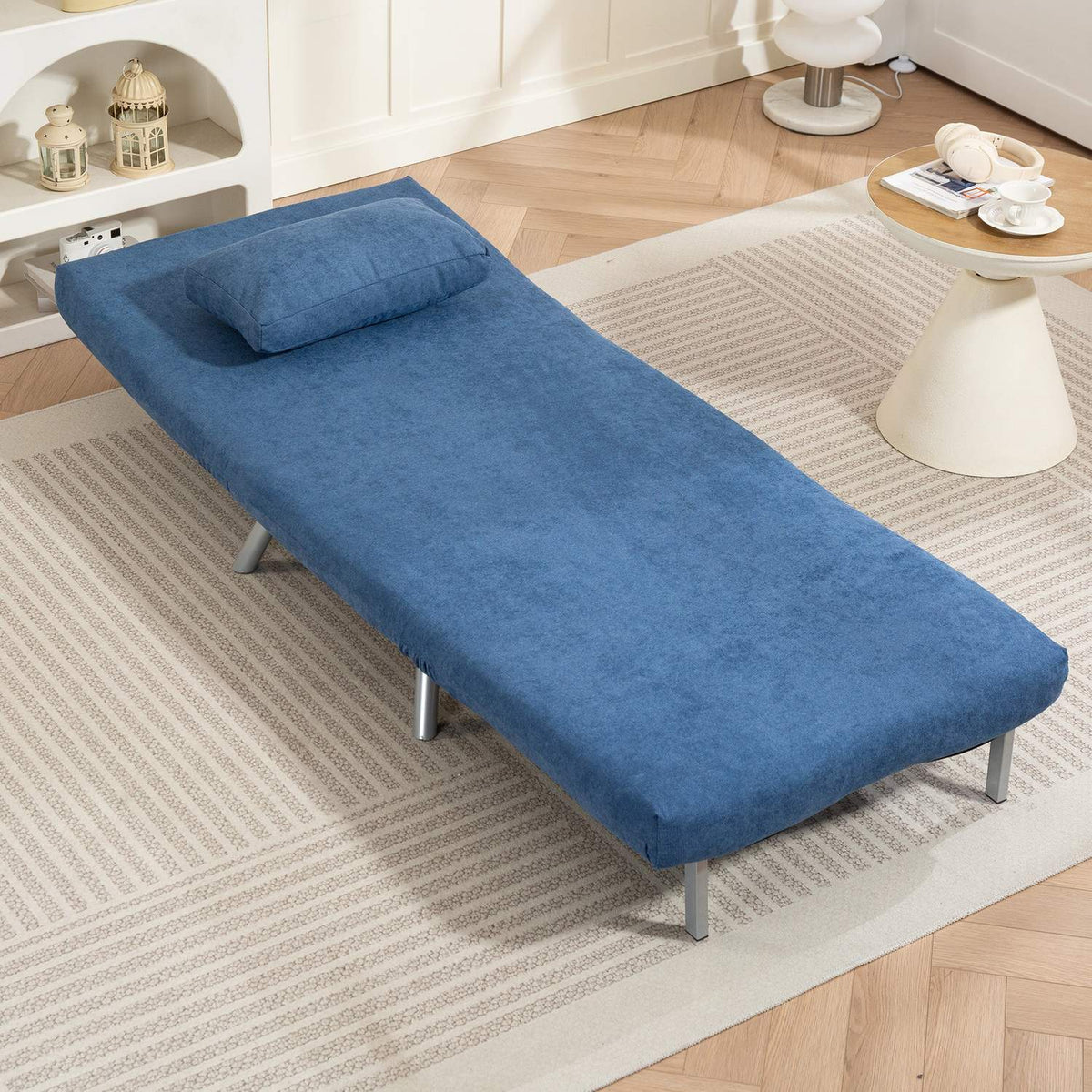 Upholstered armchair with bed function, 2-in-1 design, sleeper armchair, guest bed, fabric cover, with cushion, blue