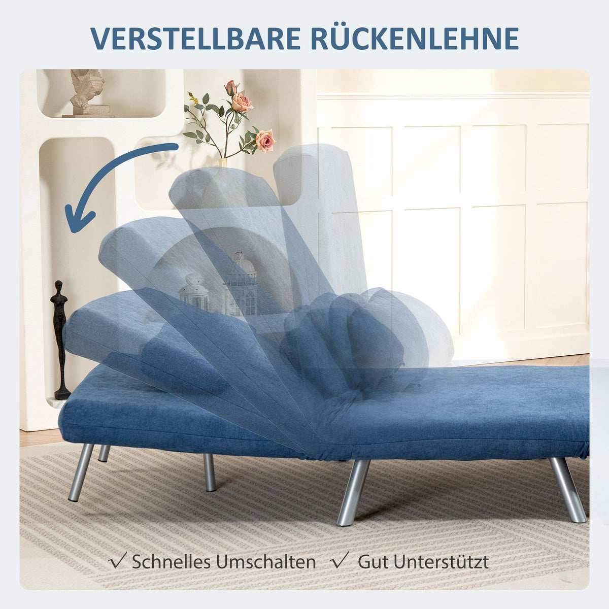 Upholstered armchair with bed function, 2-in-1 design, sleeper armchair, guest bed, fabric cover, with cushion, blue