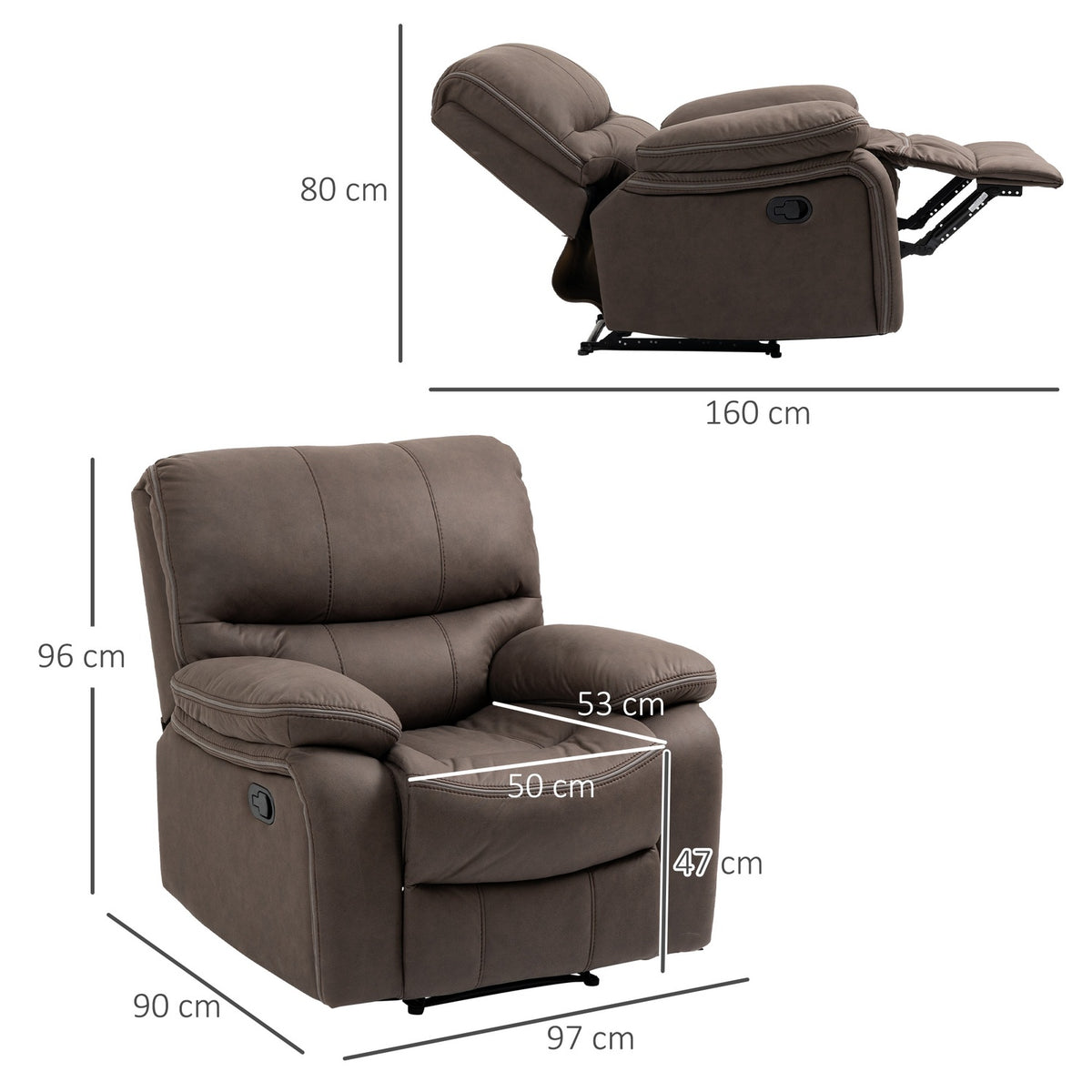 Upholstered armchair with footrest, reclining relaxation chair, microfiber cover in leather look, metal structure, brown