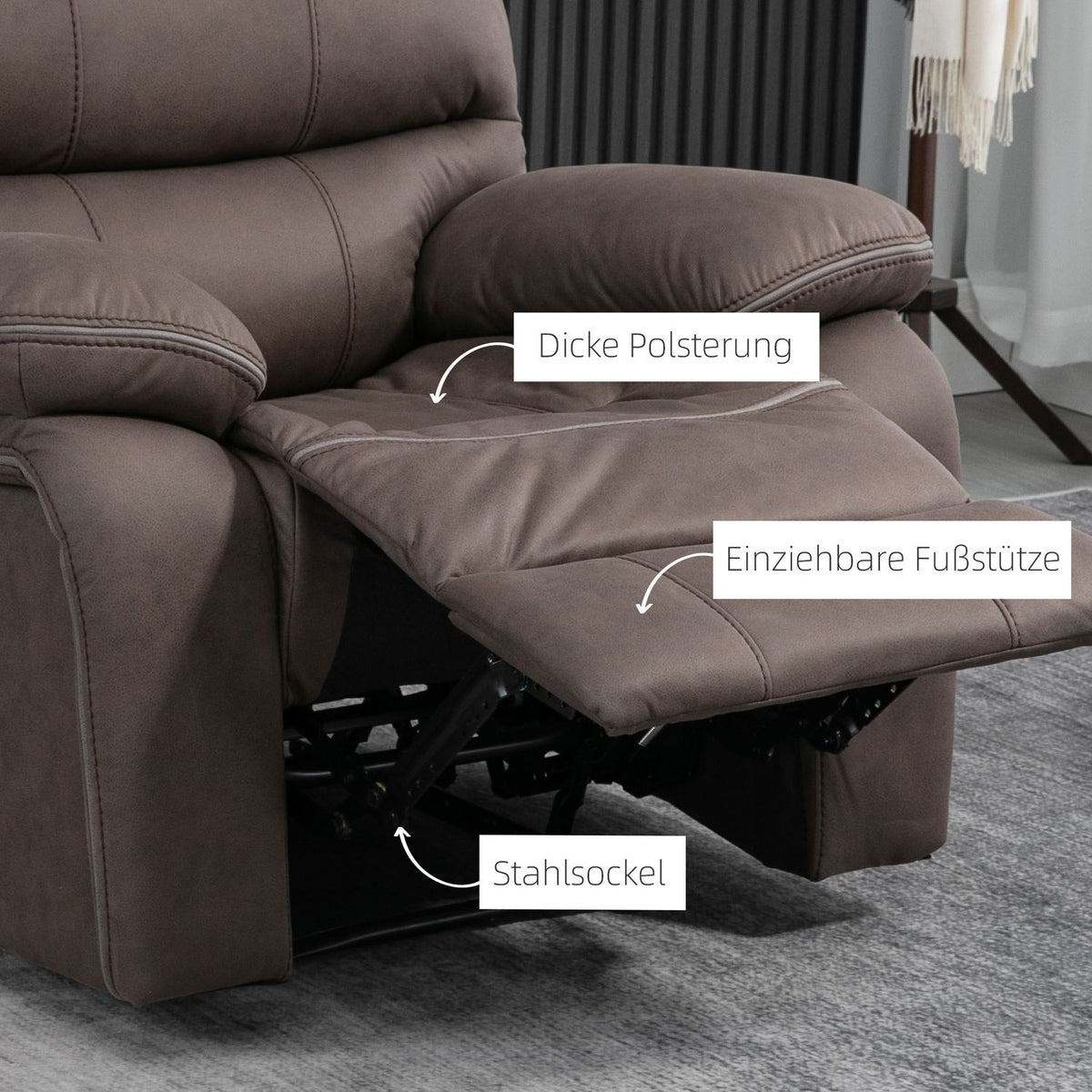 Upholstered armchair with footrest, reclining relaxation chair, microfiber cover in leather look, metal structure, brown