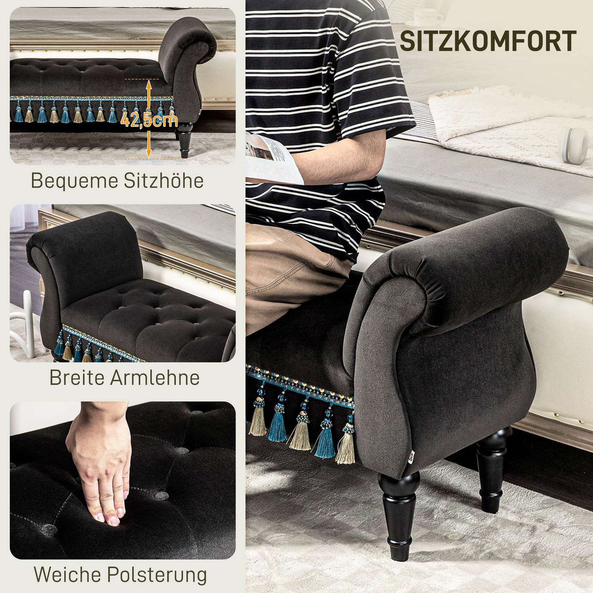 Upholstered bench bedroom, with storage space, armrest, wooden legs, vintage design, velvet look, load capacity 150 kg, 117x4 x58cm, dark gray