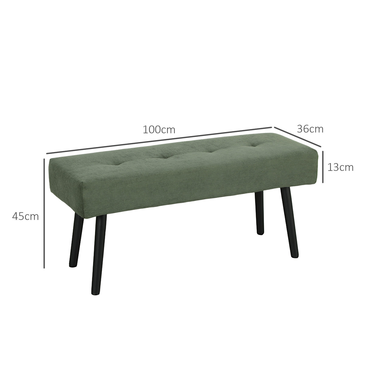 Upholstered bench with corduroy cover, bed bench with metal legs, shoe bench 100 x 36 x 45 cm Green