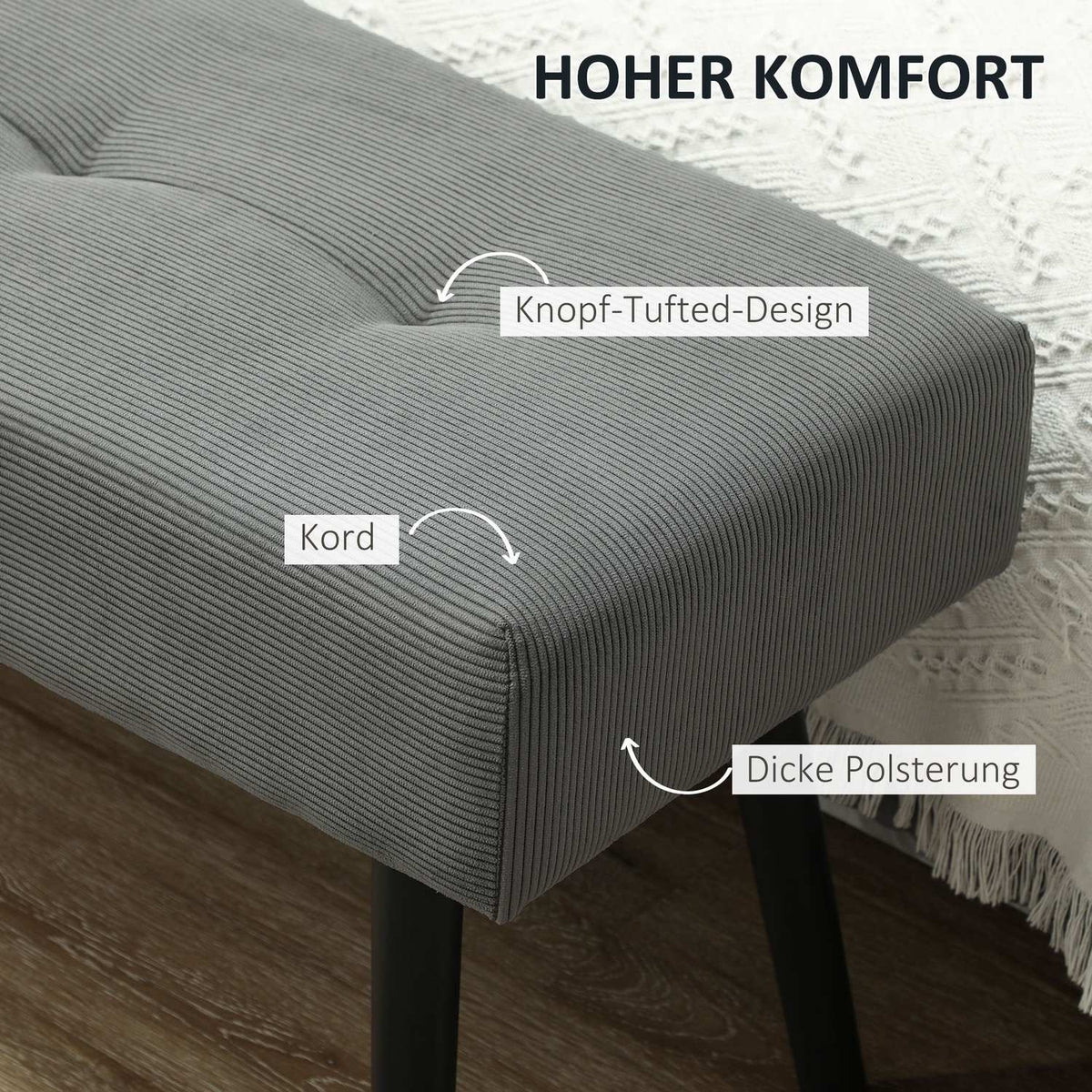 Upholstered bench with corduroy cover, bed bench with metal legs, shoe bench 100 x 36 x 45 cm grey