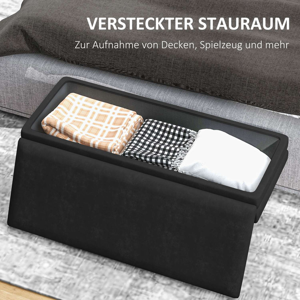 Upholstered bench with storage space, steel, 100 cm x 37.5 cm x 42 cm, black