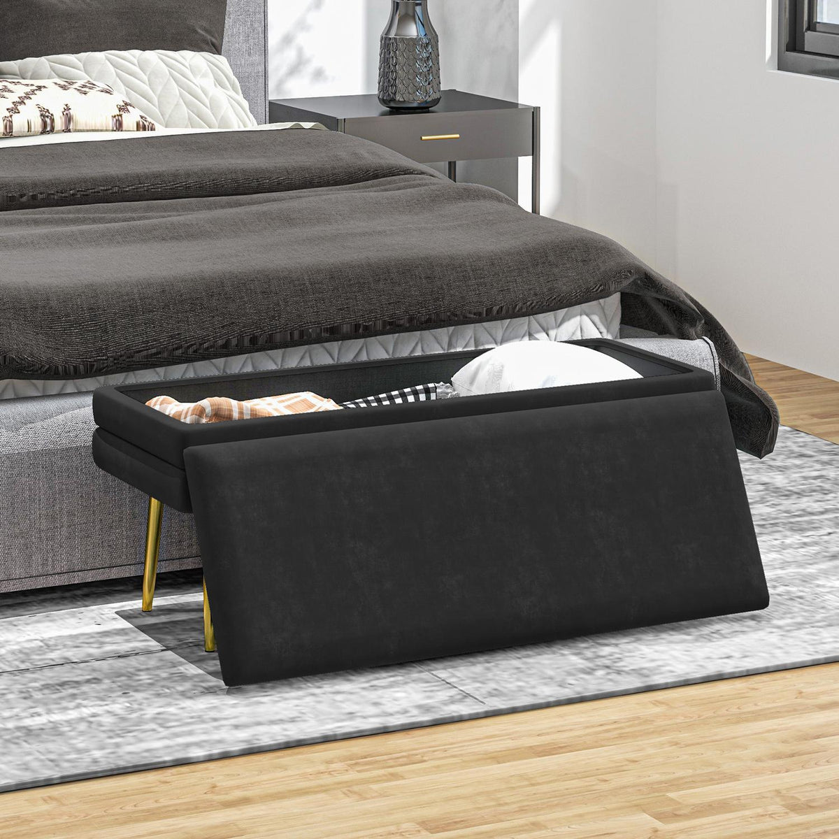 Upholstered bench with storage space, steel, 100 cm x 37.5 cm x 42 cm, black