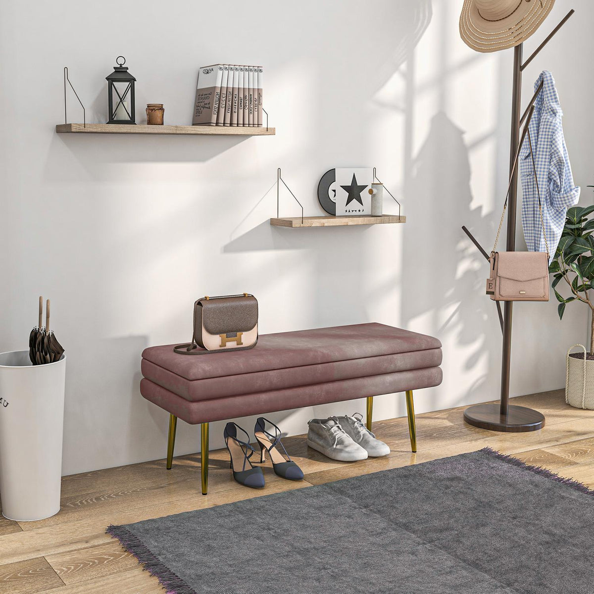 Upholstered bench with storage space, steel, 100 x 37.5 x 42 cm, pink