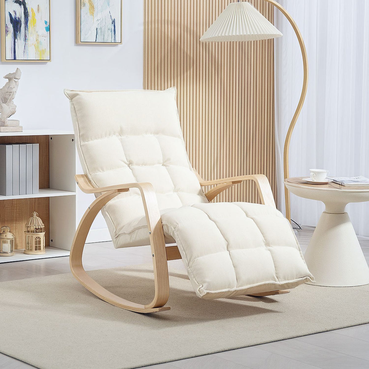 Upholstered rocking chair, relaxation armchair with armrests and steel frame, for living room, bedroom, cream white