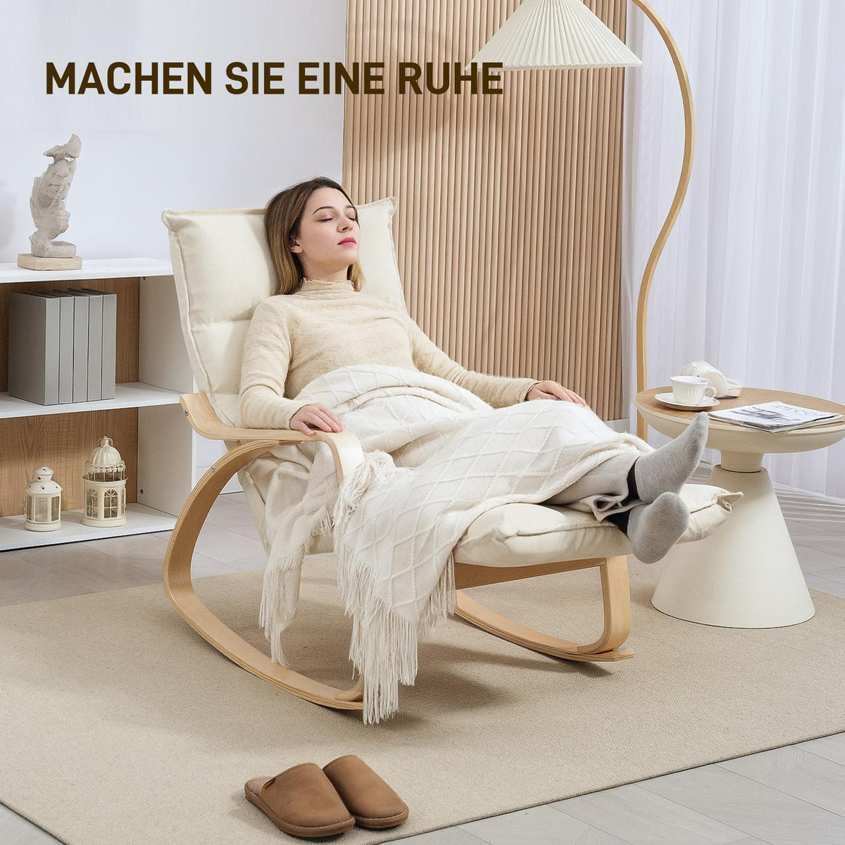 Upholstered rocking chair, relaxation armchair with armrests and steel frame, for living room, bedroom, cream white
