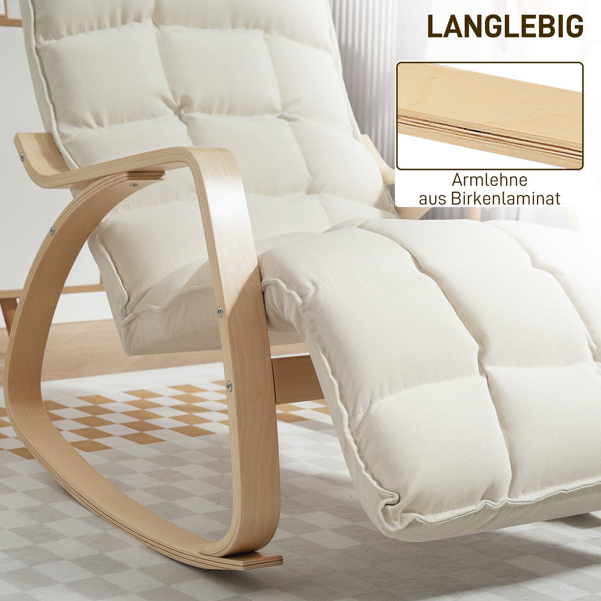 Upholstered rocking chair, relaxation armchair with armrests and steel frame, for living room, bedroom, cream white