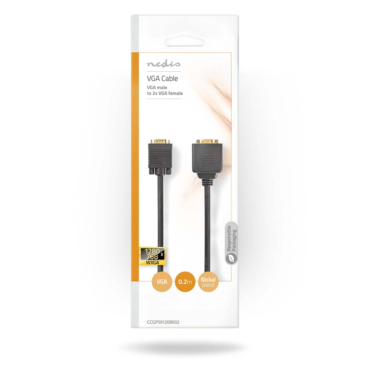 VGA cable | VGA Male | 2x VGA female | Gold Plated | Maximum resolution: 1280x768 | 0.20 m | Round | ABS | Black | Plastic bag