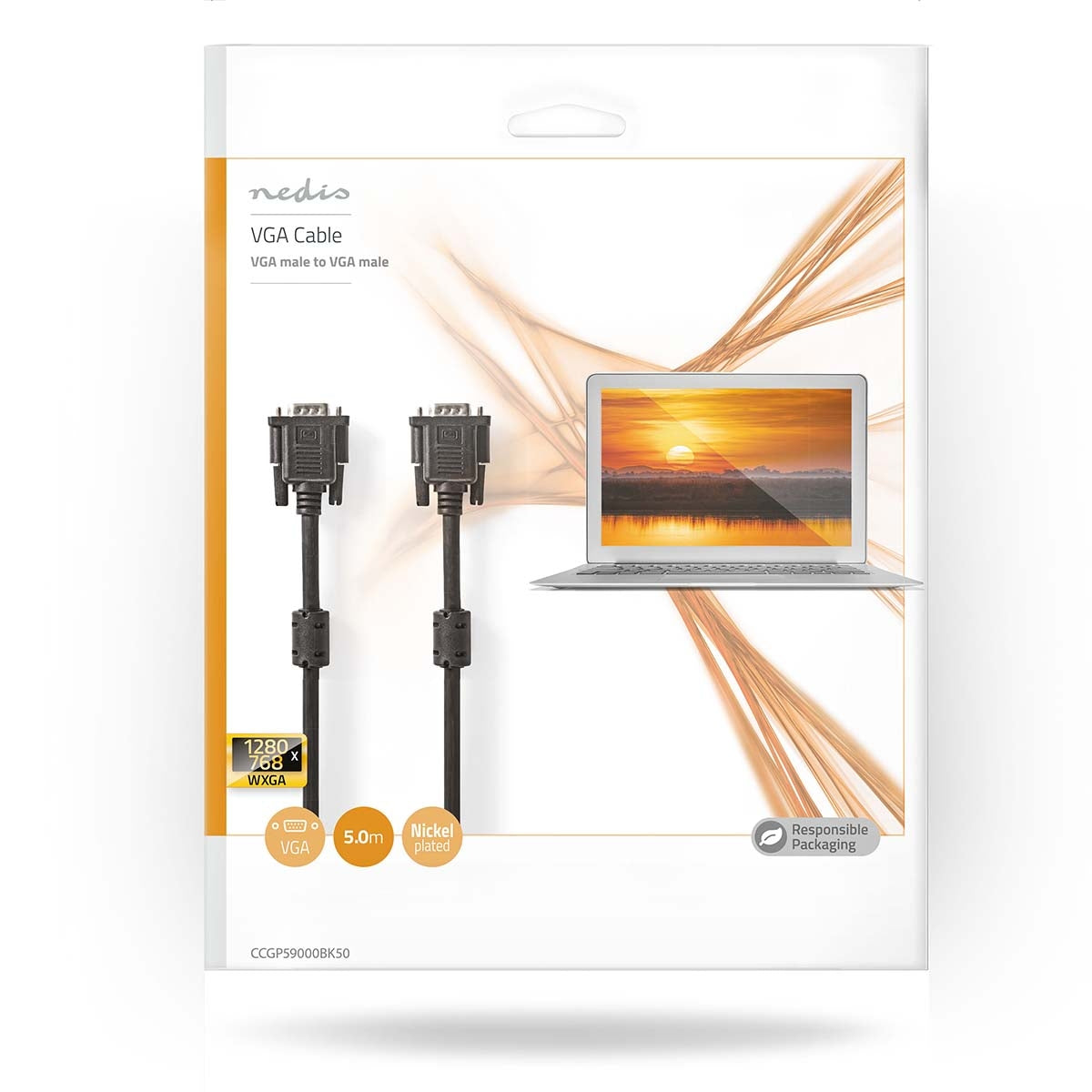 VGA cable | VGA Male | VGA Male | Nickel Plated | Maximum resolution: 1280x768 | 5.00 m | Round | ABS | Black | Envelope