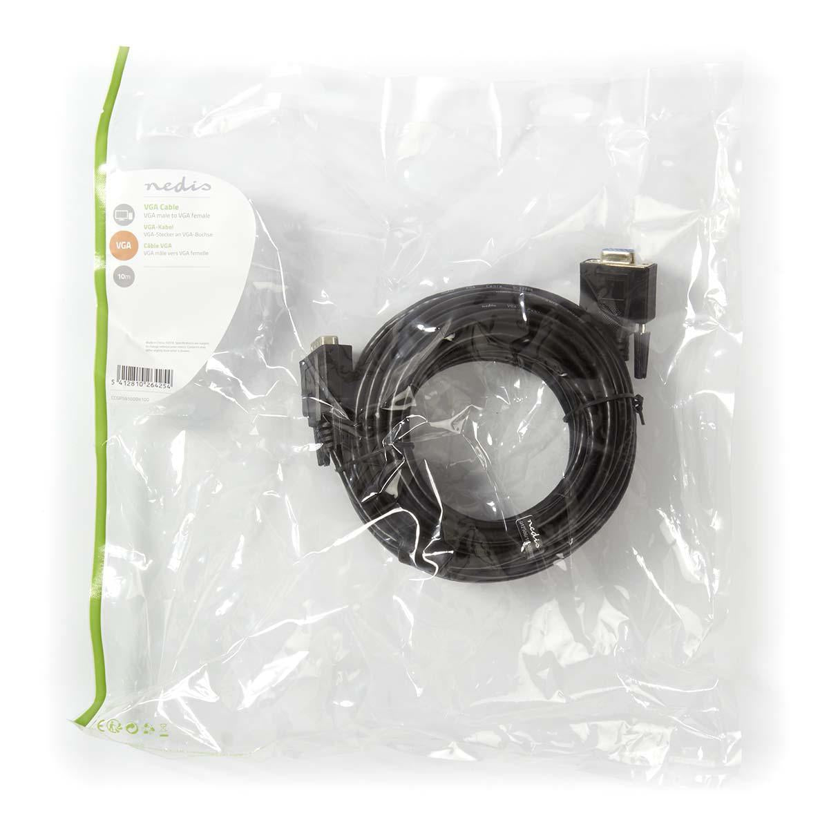 VGA cable | VGA Male | VGA female 15p | Nickel Plated | Maximum resolution: 1280x800 | 10.0 m | Round | ABS | Black | Plastic bag