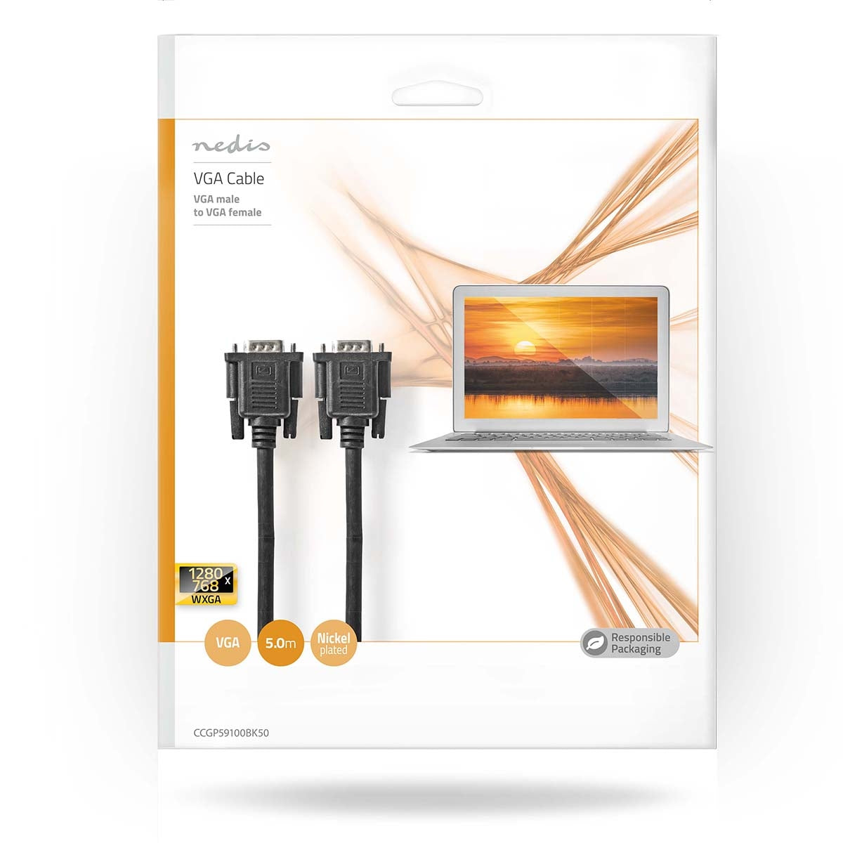 VGA cable | VGA Male | VGA female 15p | Nickel Plated | Maximum resolution: 1280x800 | 5.00 m | Round | ABS | Black | Plastic bag