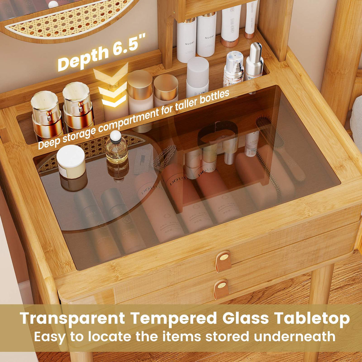 Vanity Desk With Mirror, 23.5 Inch Bamboo, 2 Drawers