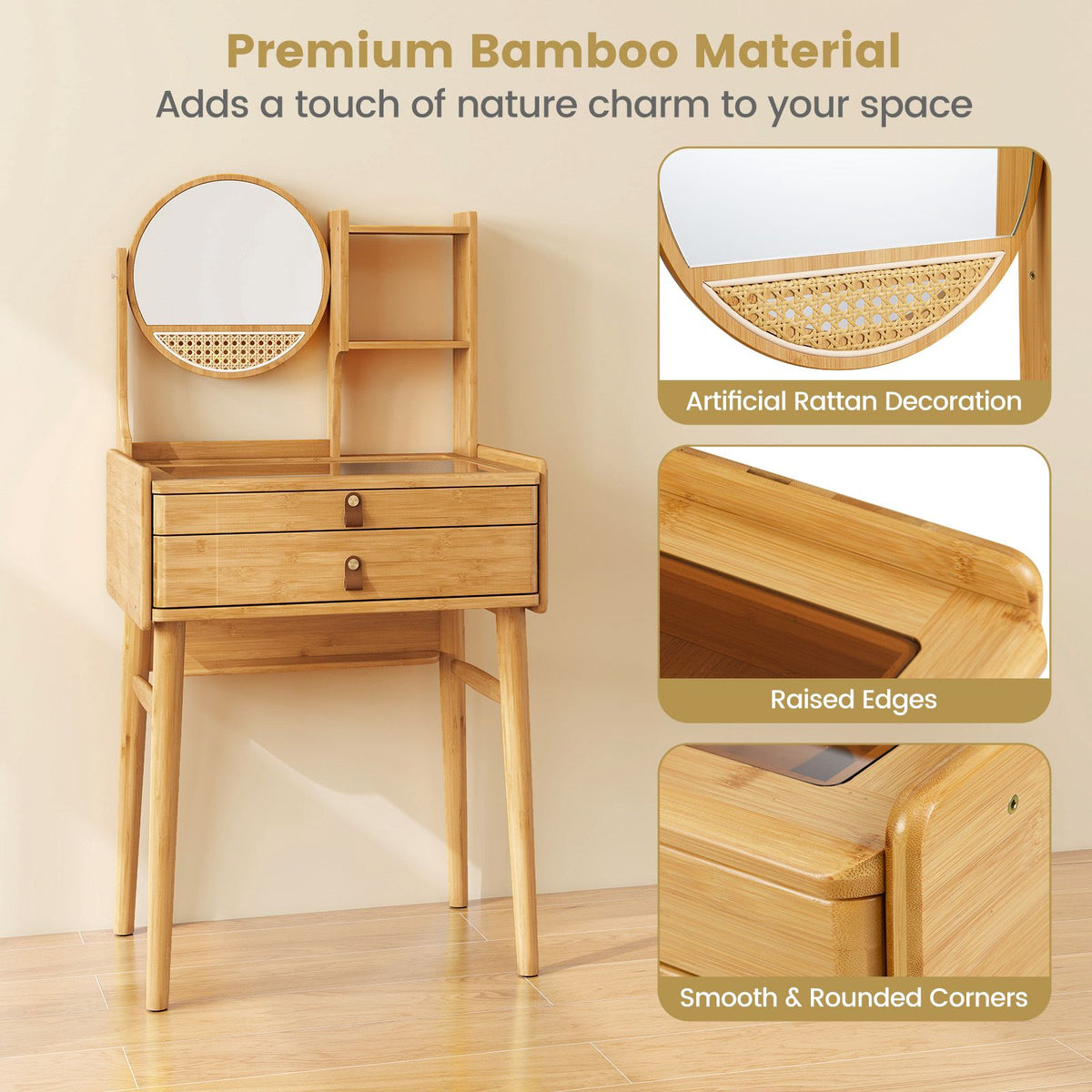 Vanity Desk With Mirror, 23.5 Inch Bamboo, 2 Drawers