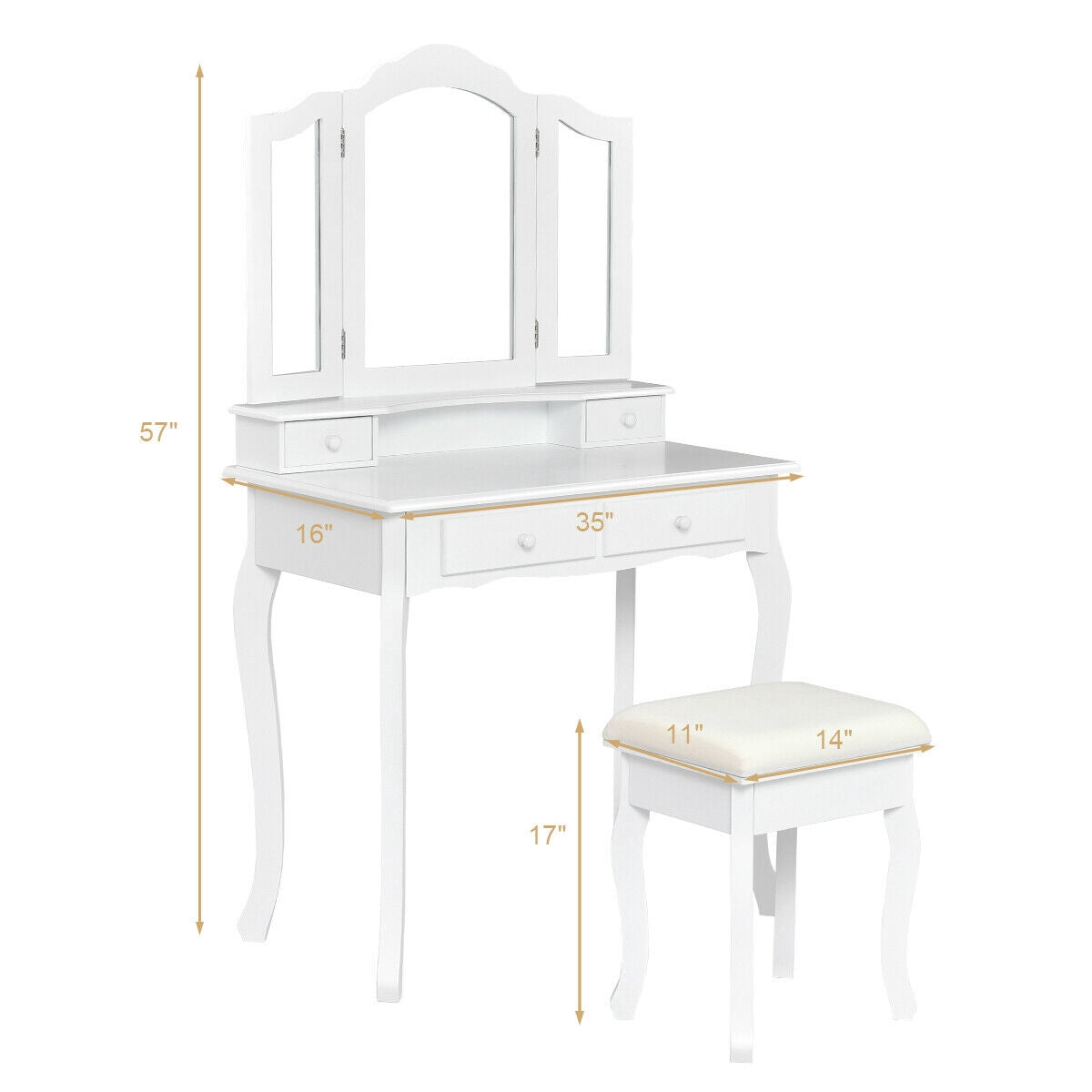 Vanity Dressing Table Set with Stool, Tri-Fold Mirror, 4 Drawers