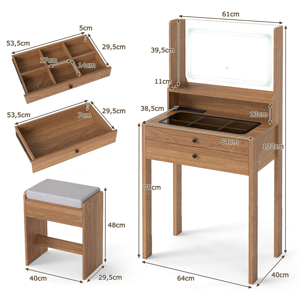 Vanity Table Set With LED Mirror, Outlets, Stool
