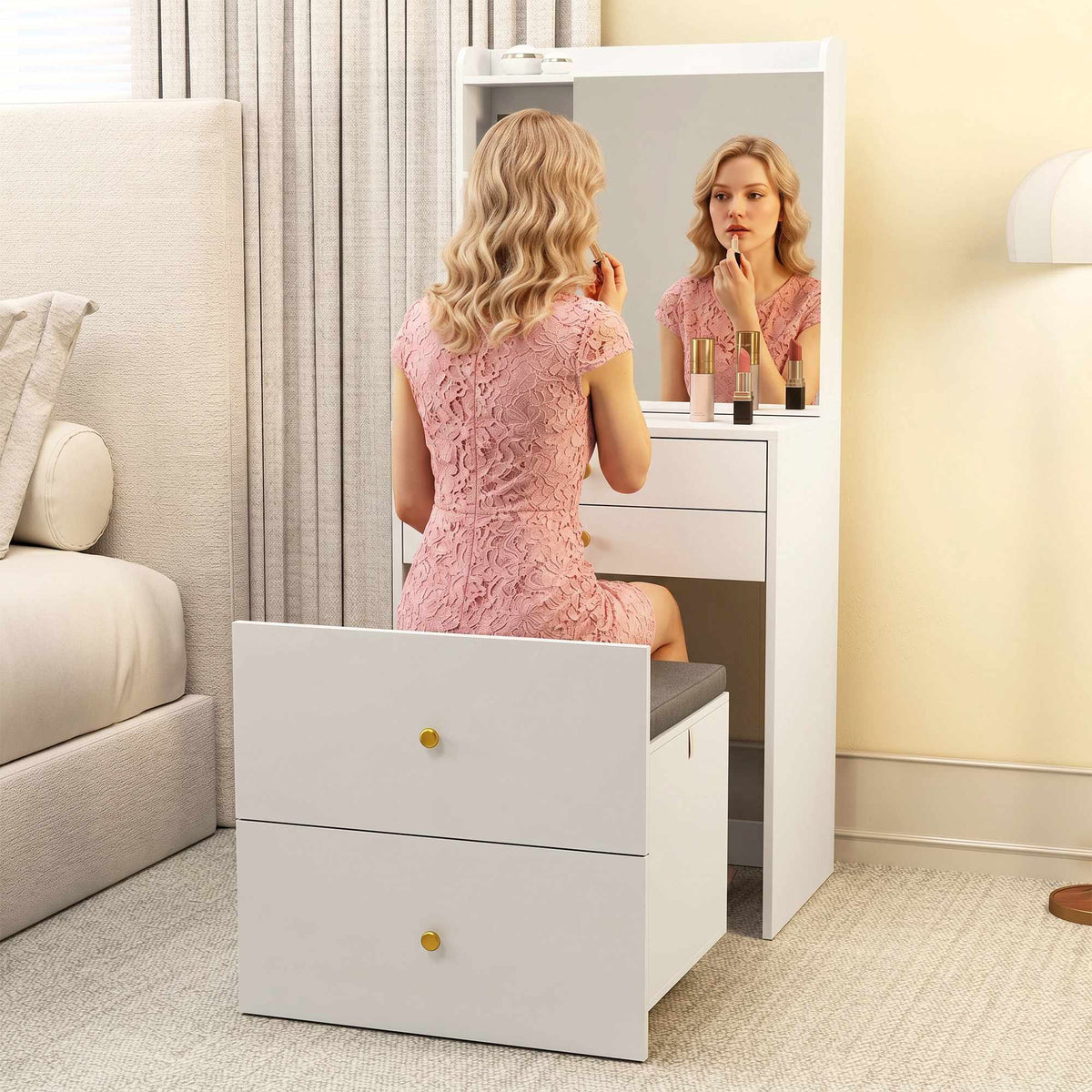 Vanity Table Set With Mirror, Storage Stool, White 60 cm