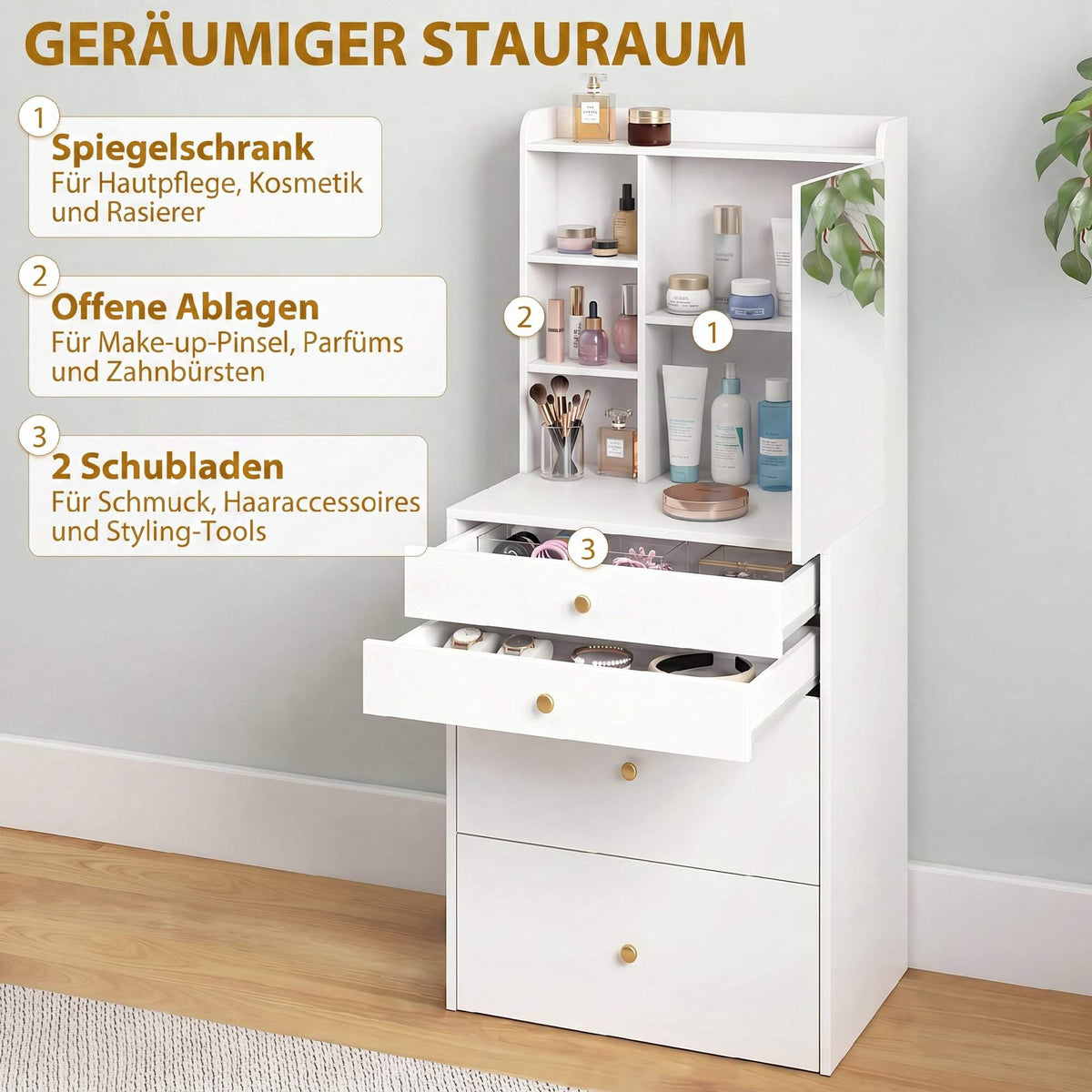Vanity Table Set With Mirror, Storage Stool, White 60 cm