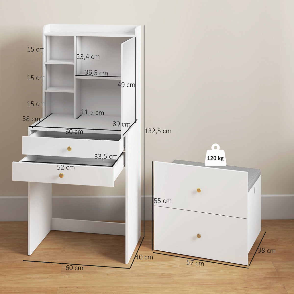 Vanity Table Set With Mirror, Storage Stool, White 60 cm