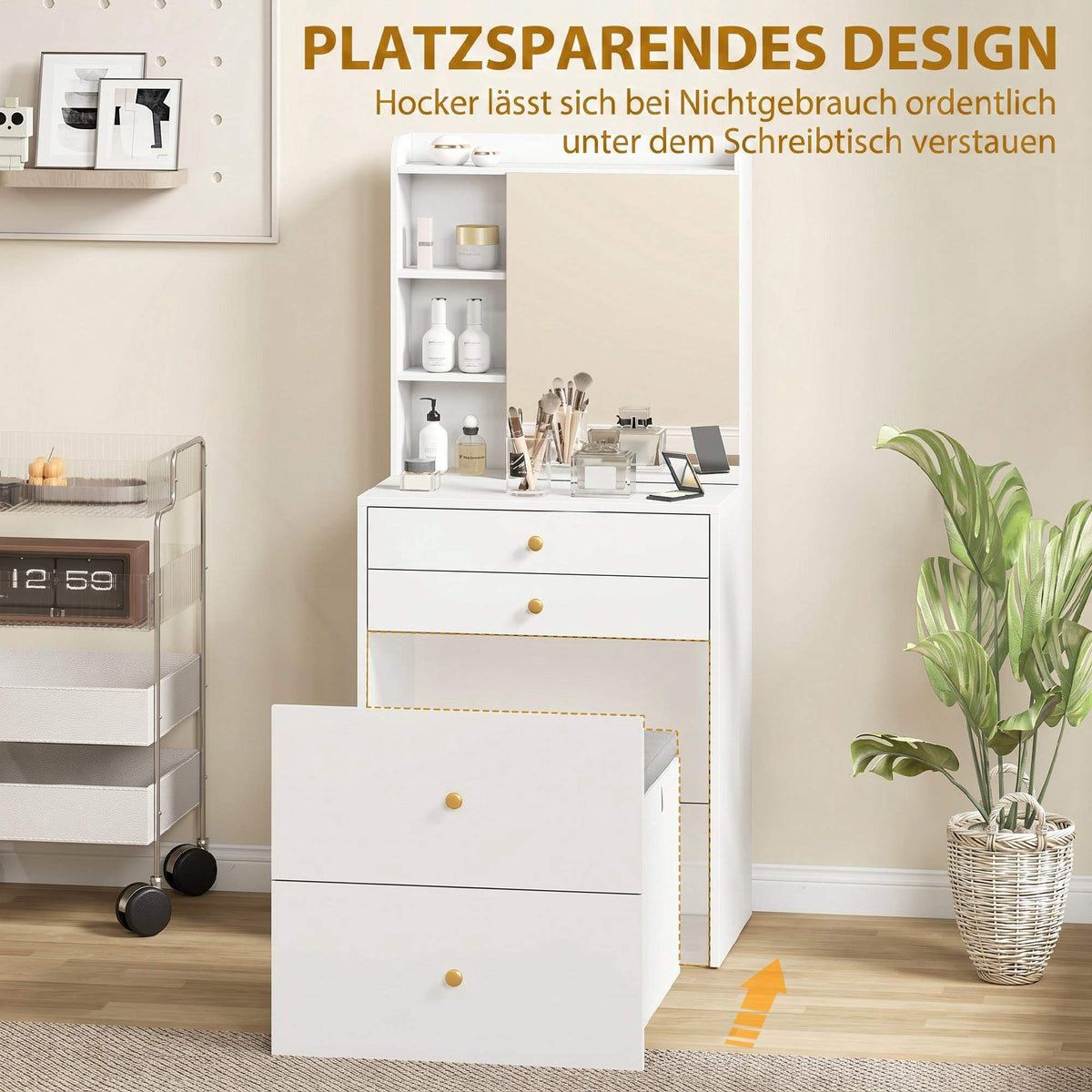 Vanity Table Set With Mirror, Storage Stool, White 60 cm