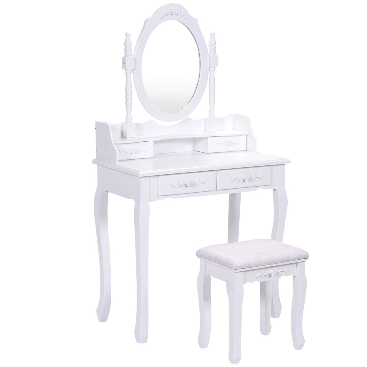 Vanity Table Set With Oval Mirror, 4 Drawers, Stool, White