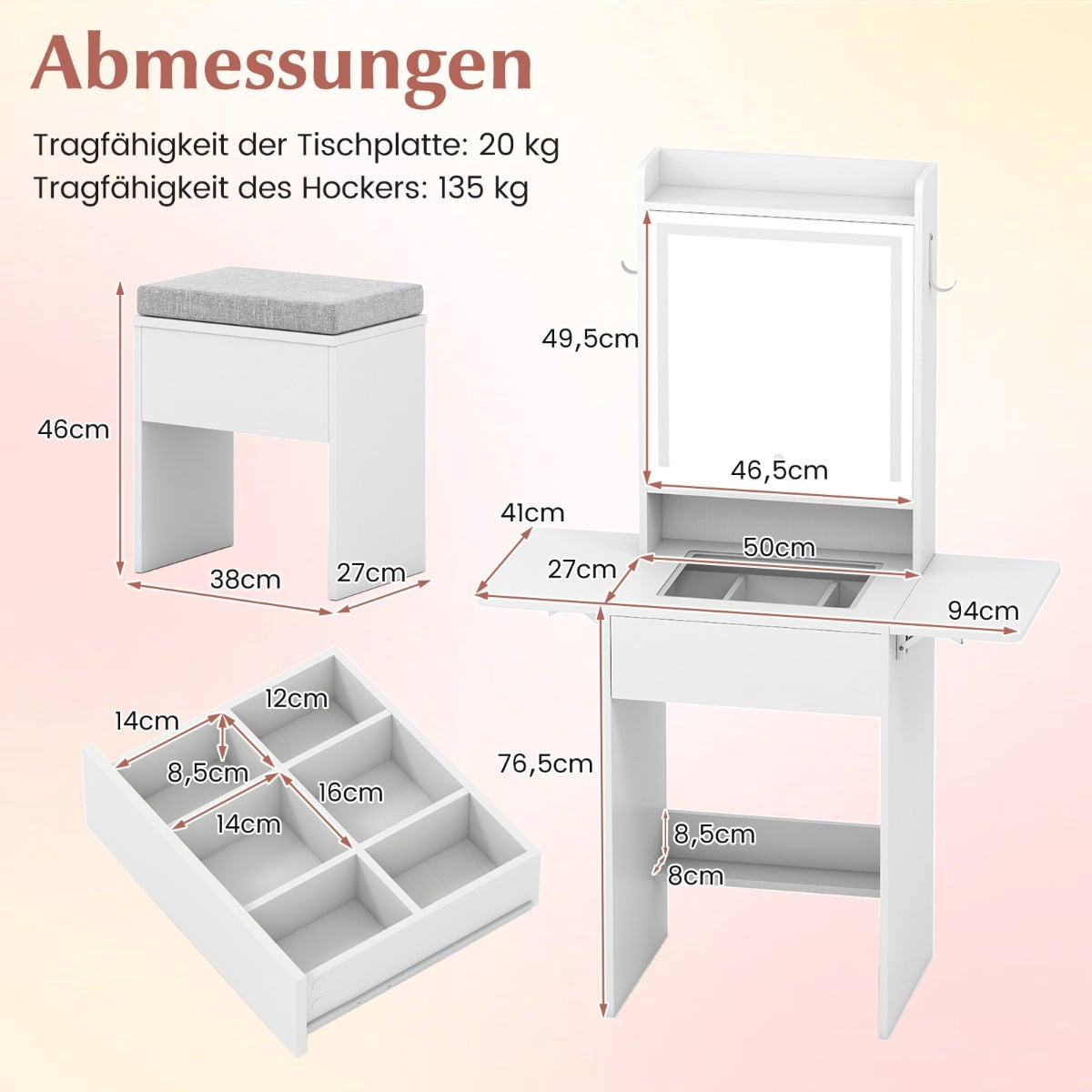 Vanity Table Set with LED Mirror, Stool, Outlets