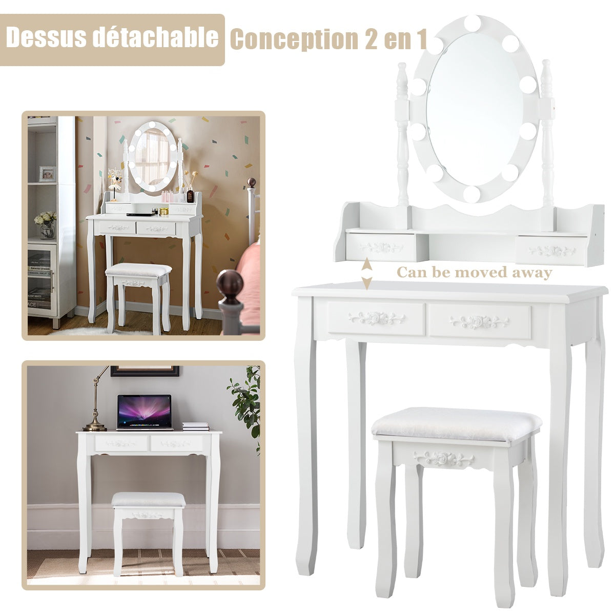 Vanity Table With LED Mirror, 4 Drawers and Stool, White