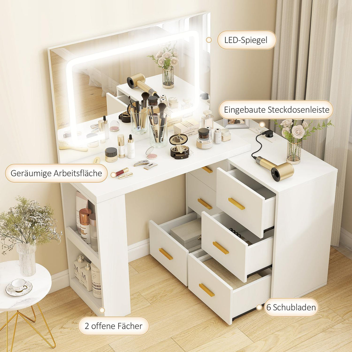 Vanity Table with Adjustable LED Mirror and Storage