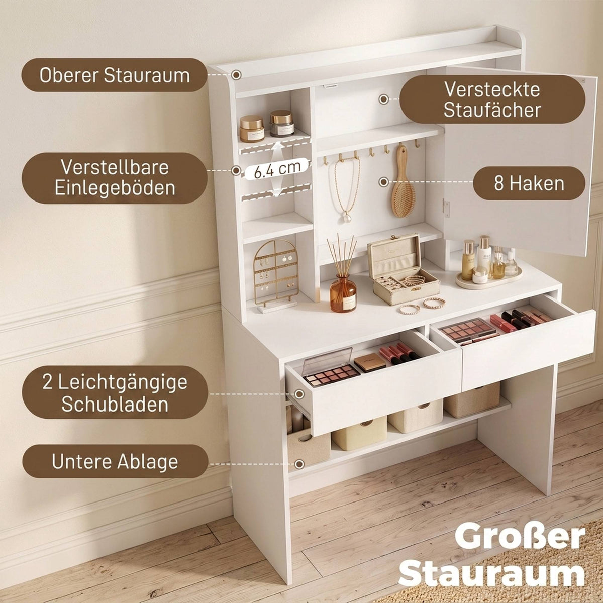 Vanity Table with LED Mirror, 2 Drawers, White