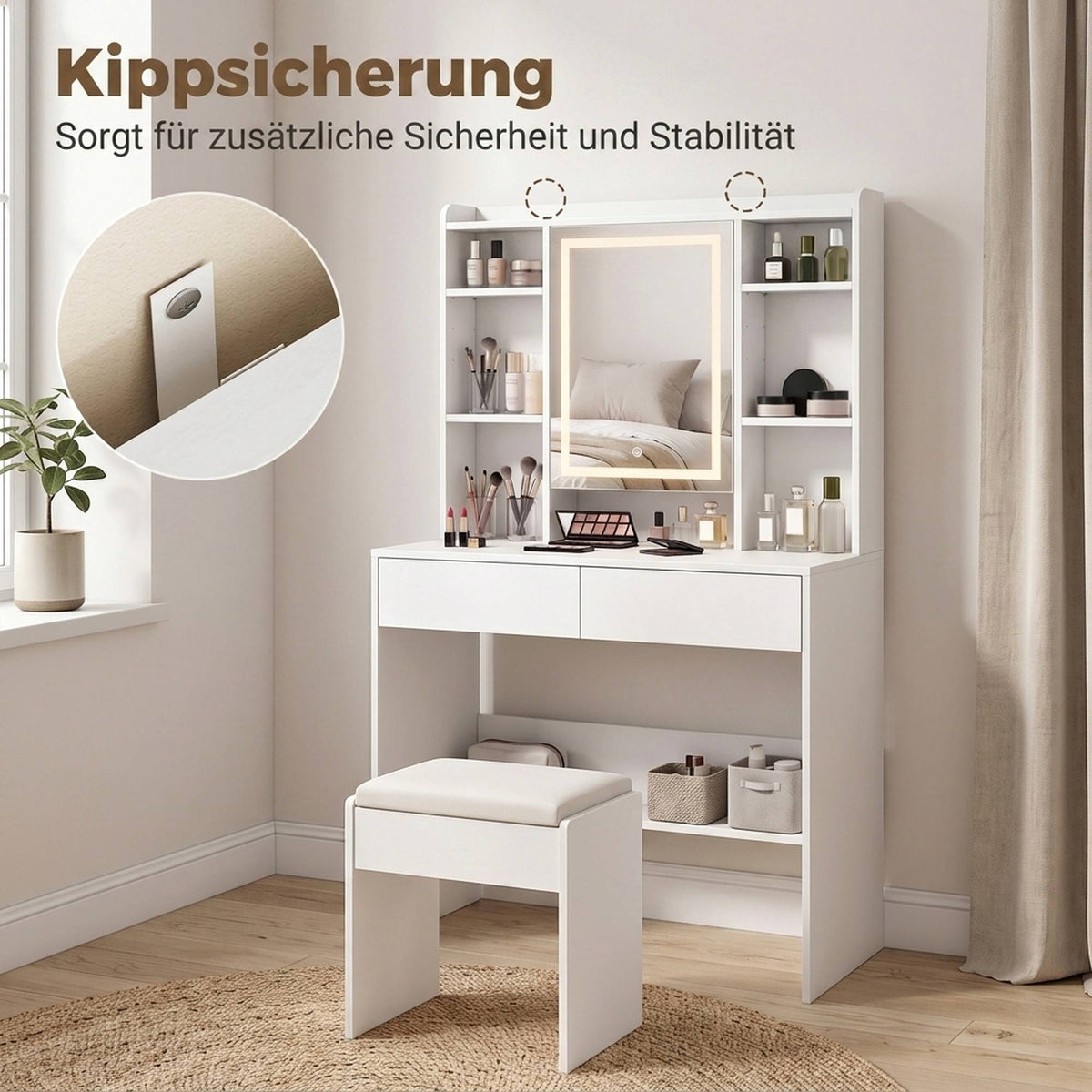 Vanity Table with LED Mirror, 2 Drawers, White