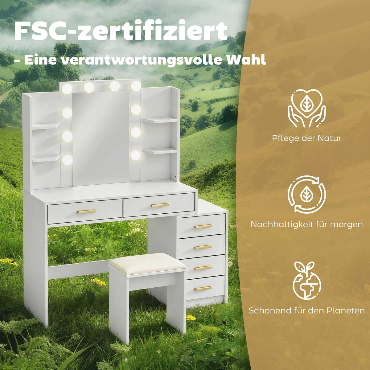 Vanity Table with LED Mirror & Padded Stool, White