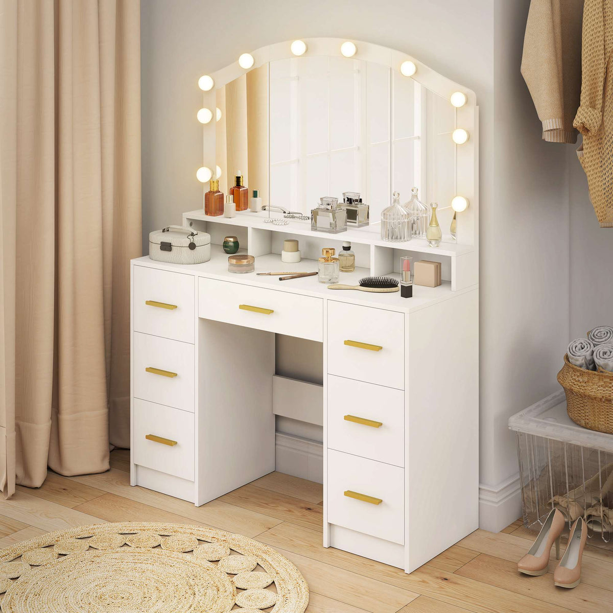 Vanity Table with Mirror, 10 LED Lights, 7 Drawers, White MDF