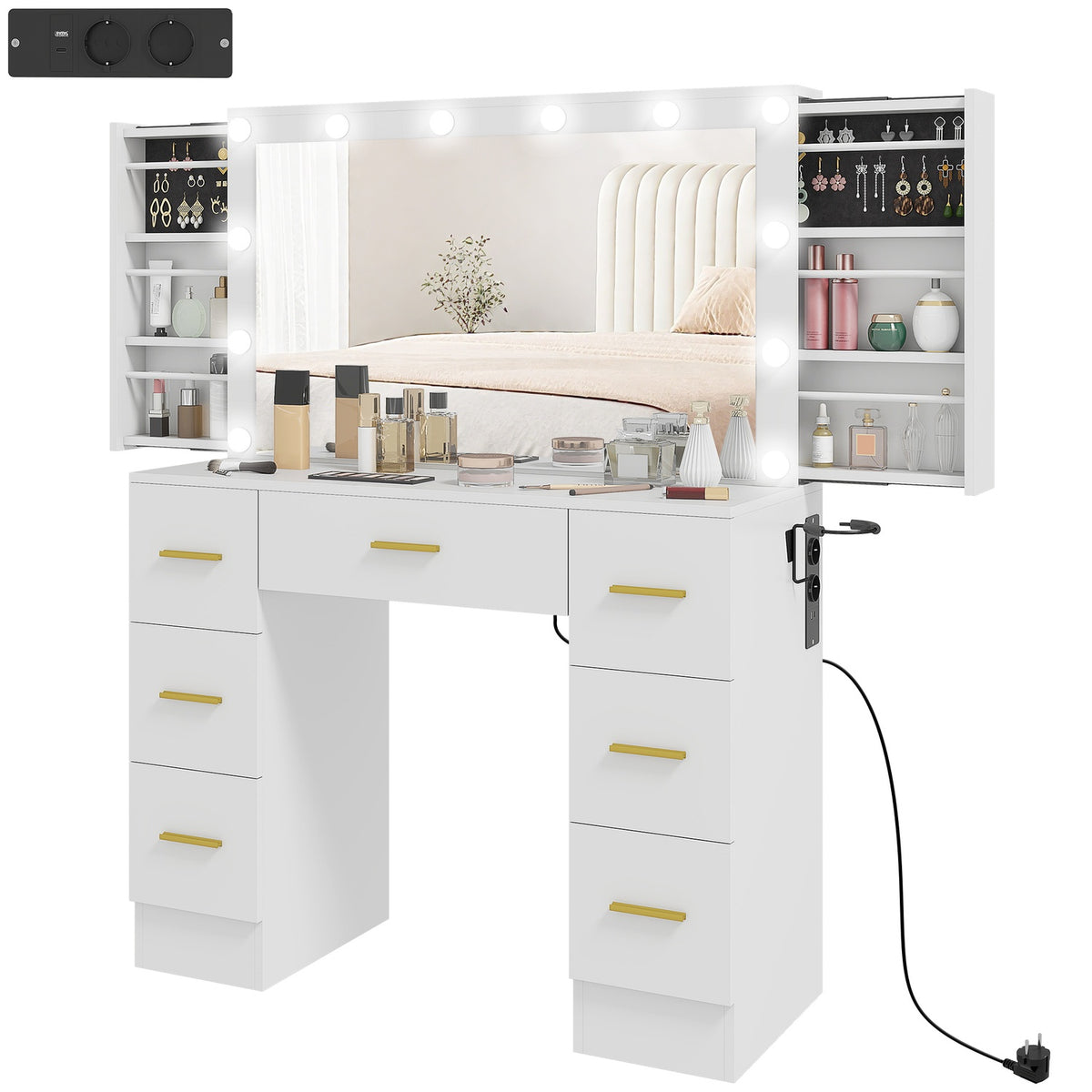 Vanity Table with Mirror, 12 LED Lights, 7 Drawers, White