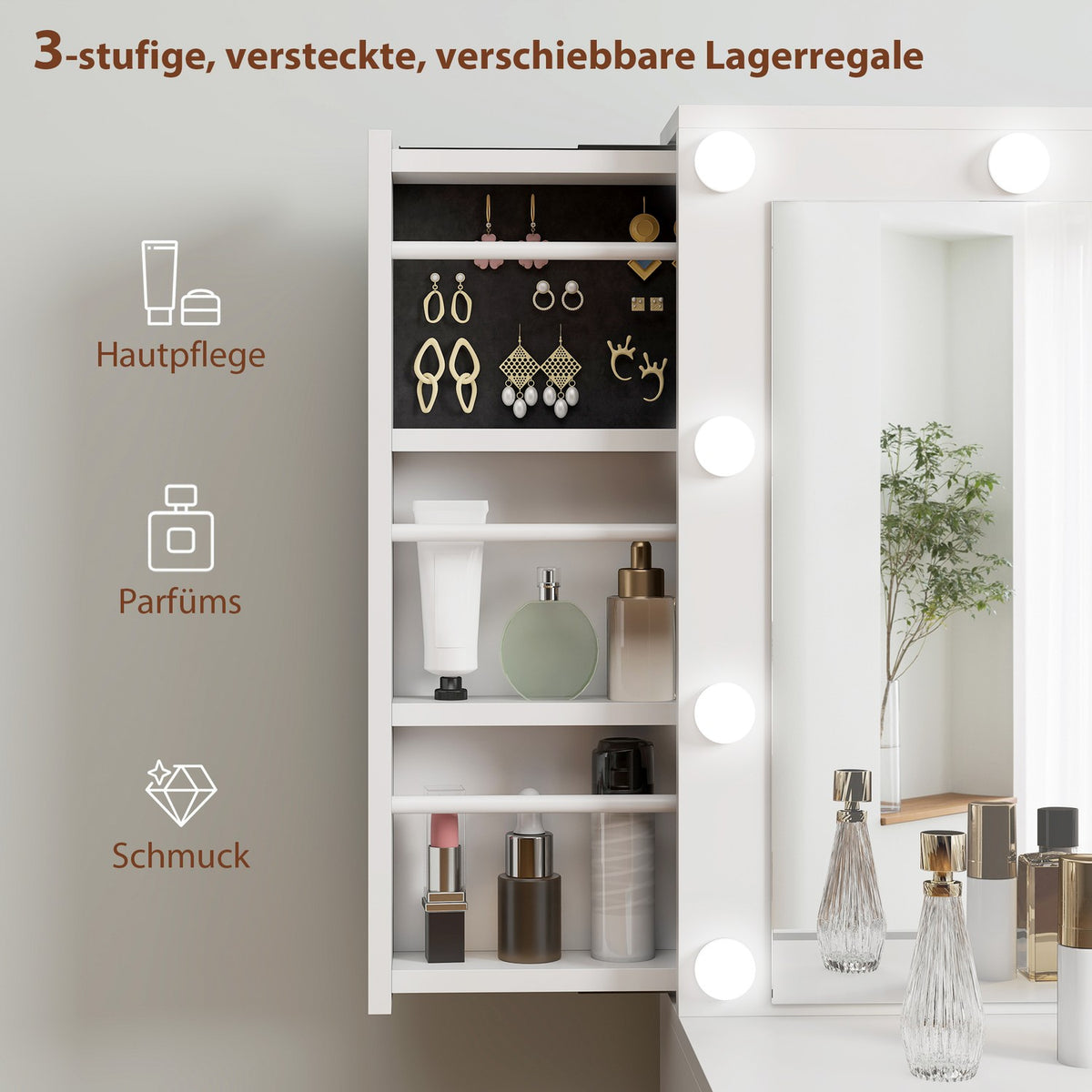 Vanity Table with Mirror, 12 LED Lights, 7 Drawers, White