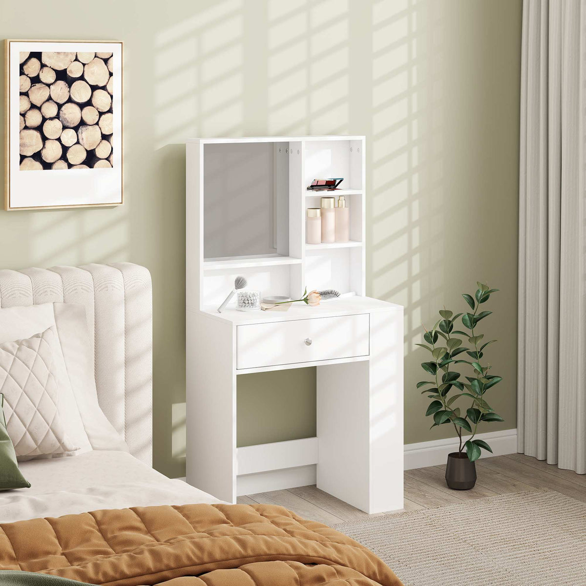 Vanity Table with Mirror, Drawer, White Particleboard