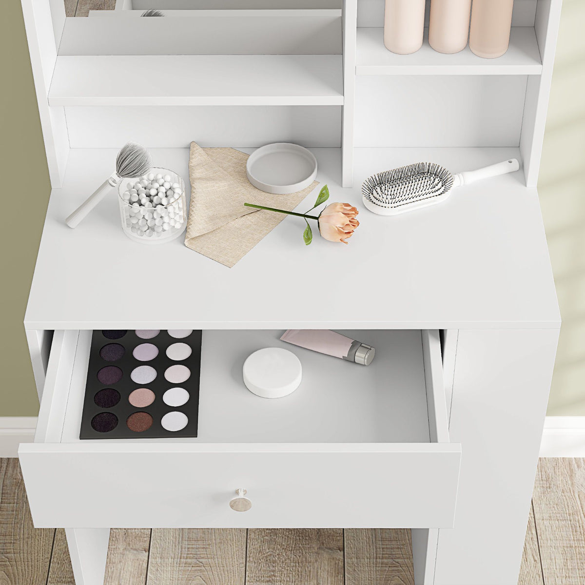 Vanity Table with Mirror, Drawer, White Particleboard