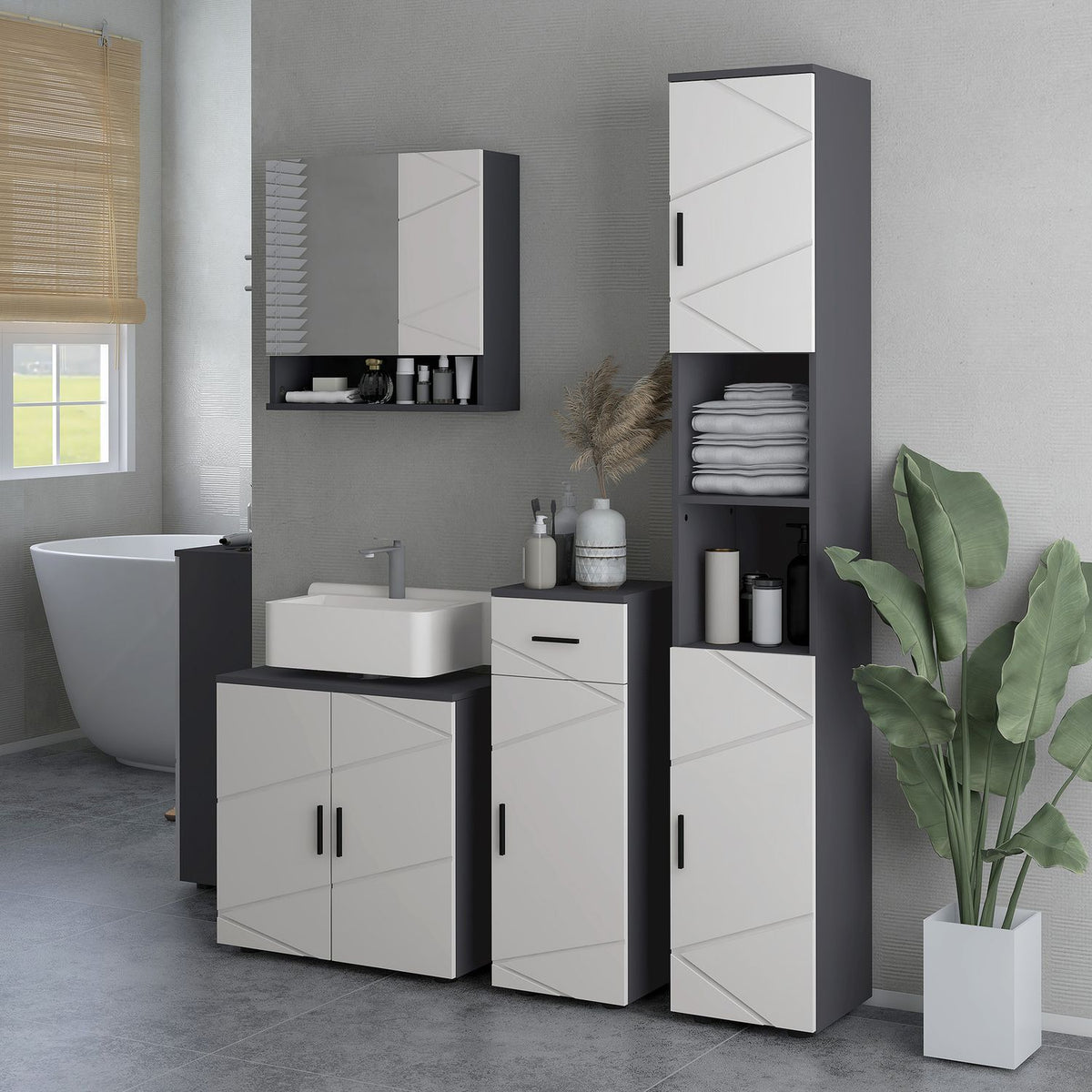 Vanity unit with adjustable shelf, vanity unit with handle, bathroom unit with anti-tip protection, grey, 60 x 30 x 60 cm |
