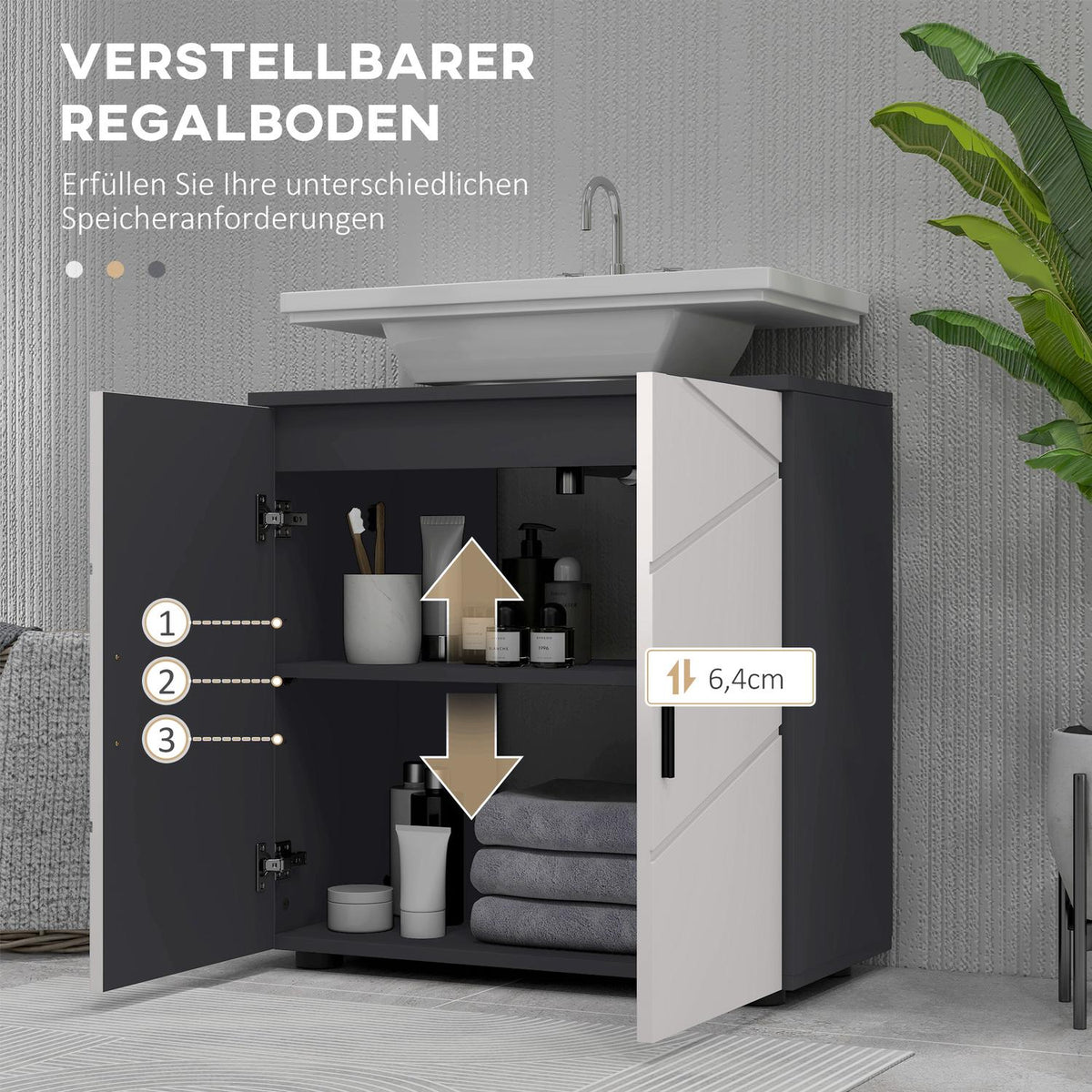 Vanity unit with adjustable shelf, vanity unit with handle, bathroom unit with anti-tip protection, grey, 60 x 30 x 60 cm |